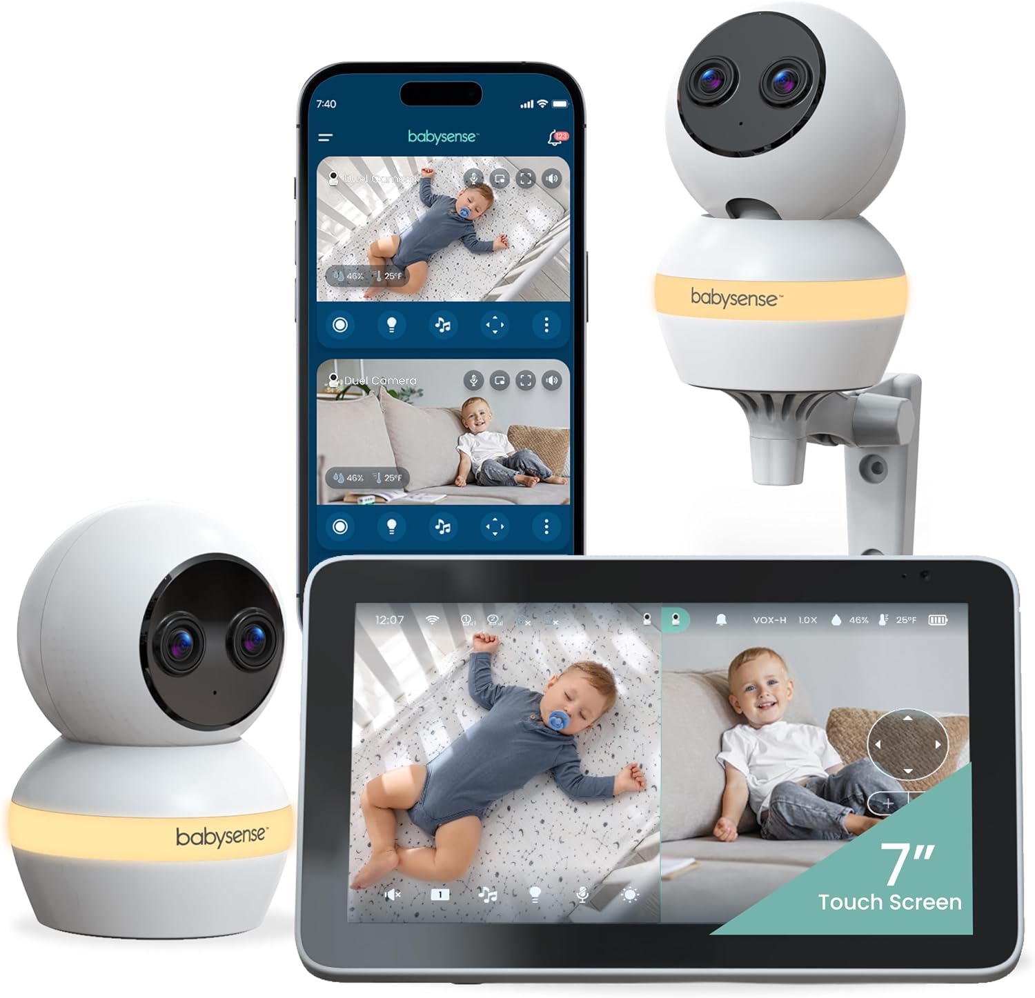 Babysense TOUCH 7″ Touchscreen Smart WiFi Baby Monitor with App, Camera and Audio, 2 Cameras with Night Light, 4MP Dual-Lenses with 6X Zoom, AI Auto Tracking, Focus Area, Split-Screen, No Subscription
