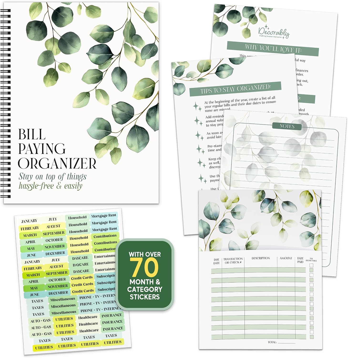 Decorably Eucalyptus Monthly Bill Organizer with Pockets and Budget Planner | Undated 9×12 monthly bill payment tracker with 14 pockets, 70+ stickers for budgeting, expenses, receipts, home finance