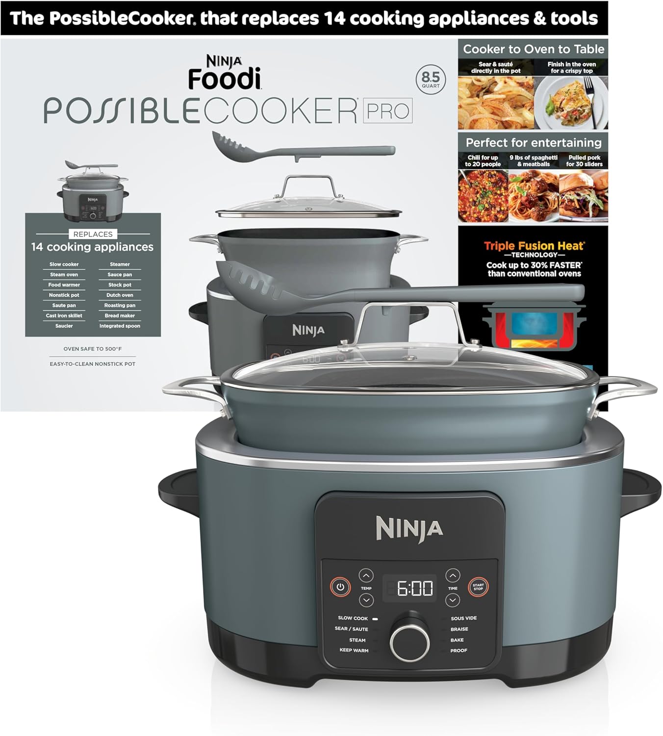 Ninja® PossibleCooker™ PRO 14-in-1, 8.5-qt, Sea Salt Gray, MC1001 | 14-in-1 replaces 14 appliances, Triple Fusion Heat®, slow cook, sauté, roast & steam, nonstick oven-safe pot to 500°F.