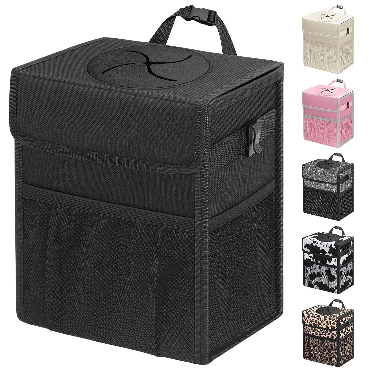 Capolo Car Trash Can with Lid, Leakproof Car Garbage Can Car Trash Bag | Waterproof, Trash Can for Car, 3 Mesh Pockets, Mini Hanging Vehicle Car Trash Bin, for Back/Front Seat (Black,2.5 Gal)