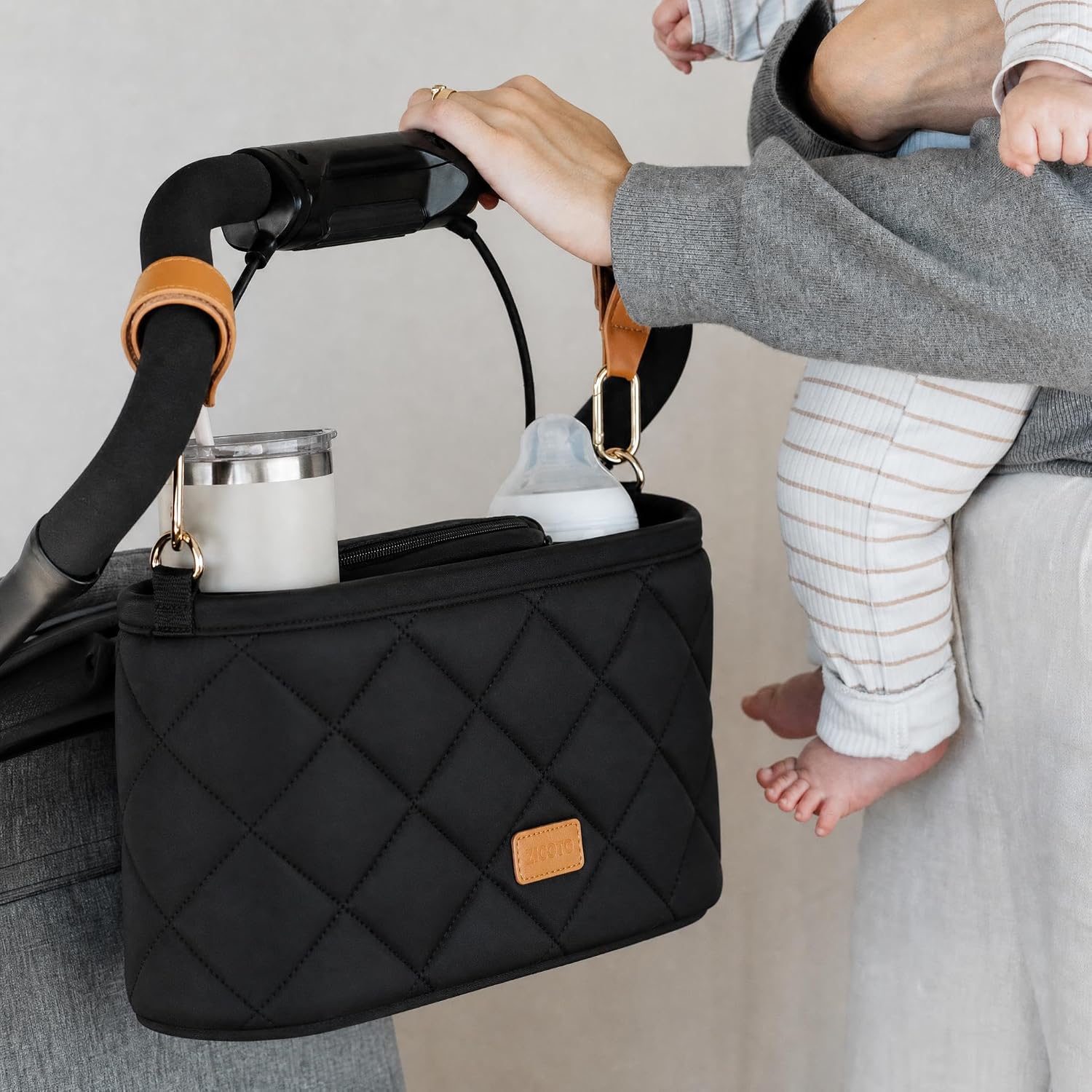 Beautiful Stroller Caddy Organizer With 2 Cup Holders – Zipper Pocket Bag | Luxury Stroller Bag with Universal Fit and Leather Straps – Spacious Accessories Perfectly Fits Doona, Nuna and Uppababy