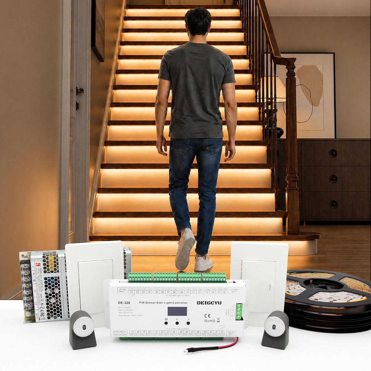Motion Sensor Activated LED Stair Lighting Kit DE-320, 42-Inch Cuttable LED Strip Lights, Auto Cascade Step Lights for Indoor Stairs (Warm White 3000K,12 Steps)