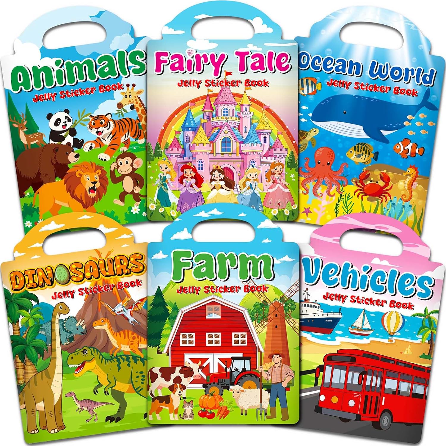 6 Sets Reusable Sticker Books for Toddlers 3+ Years, Jelly Sticker Book for Kids, Travel Stickers Activity Book Travel Toys for Toddlers