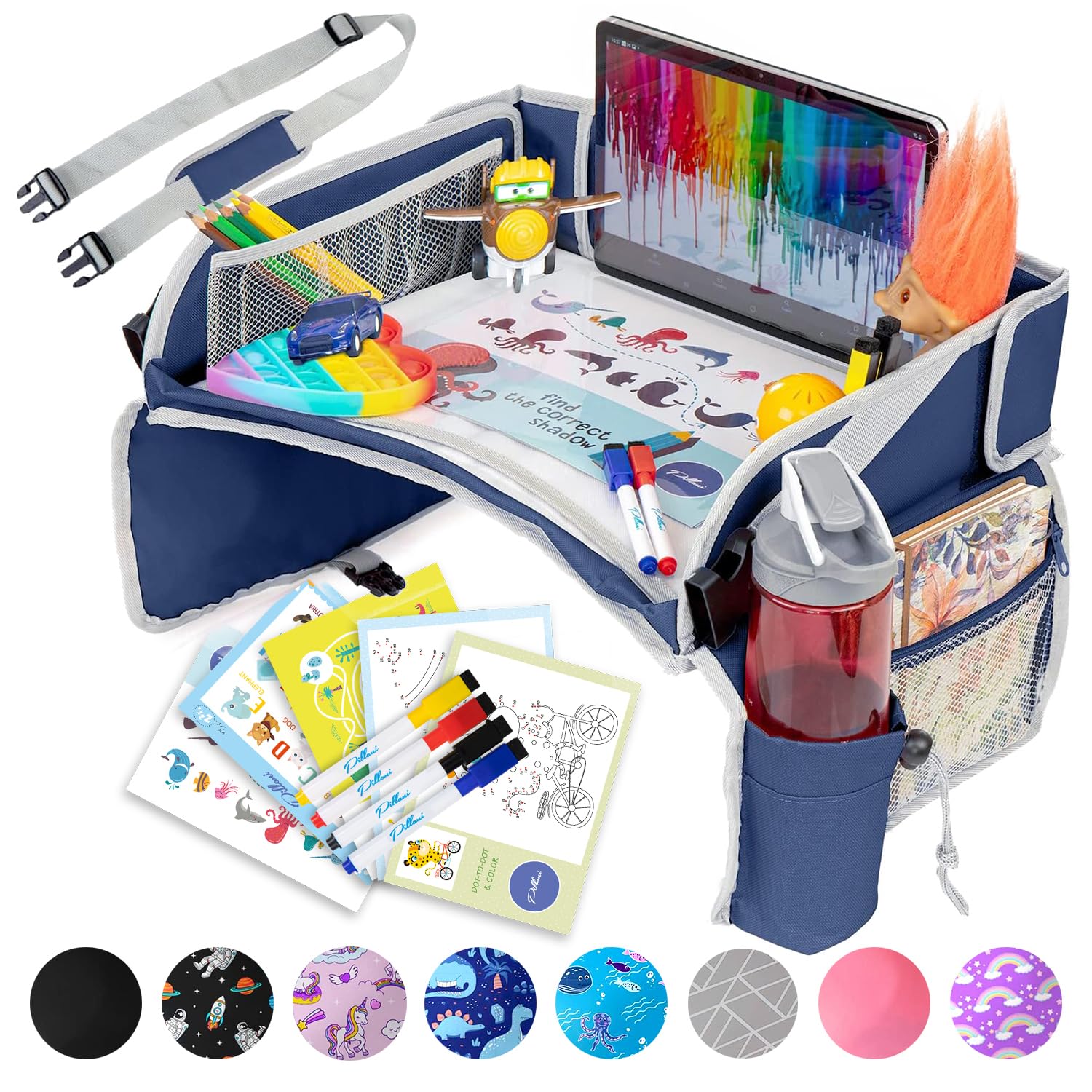Kids Travel Tray for Car – Toddler Travel Essential with iPad Holder & Dry Erase Board – Road Trip Essentials – Carseat Table – Toddler Lap Desk Organizer for Airplane – Kids Travel Essentials