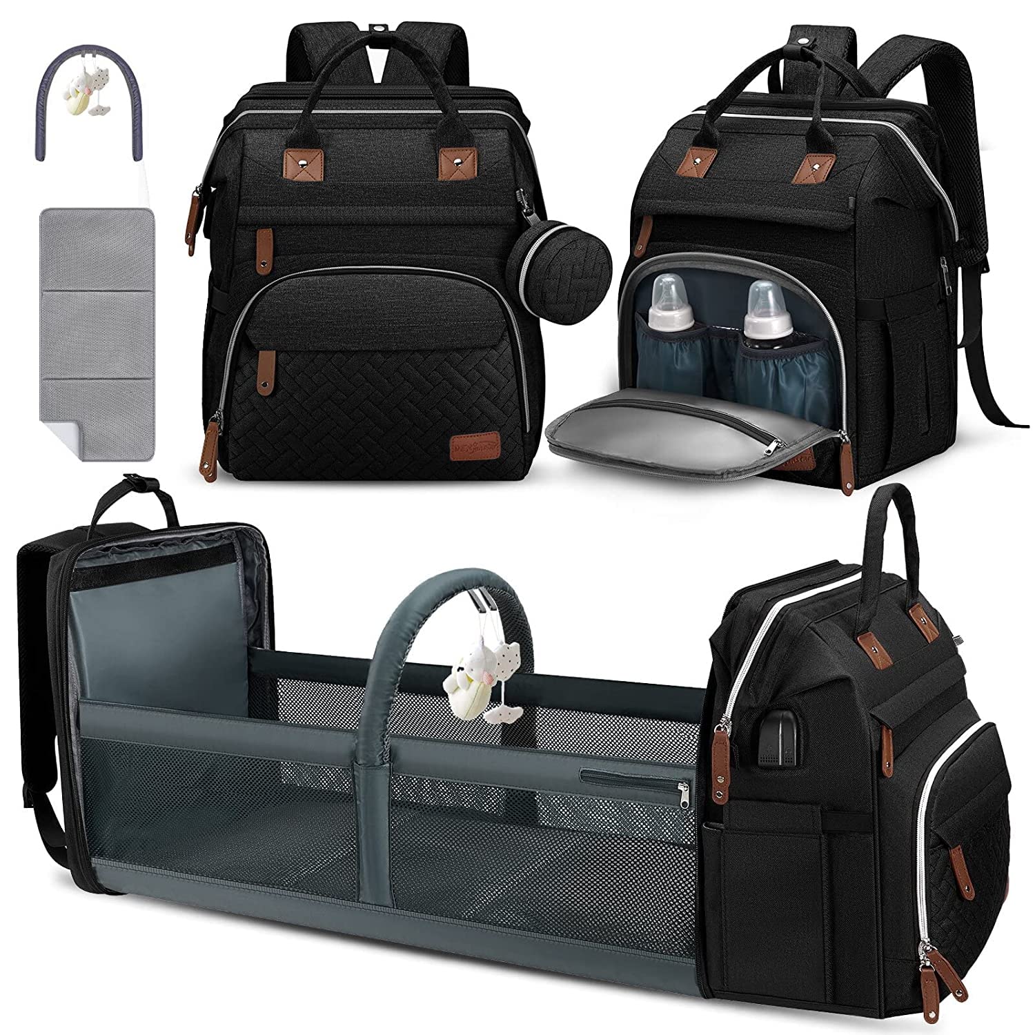 Diaper Bag Backpack, Large Baby Bag with Changing Pad, Thick Padded Back & Straps, Laptop Compartment, Waterproof Travel Backpack with USB Port, Multi-Function for Mom & Dad, Black