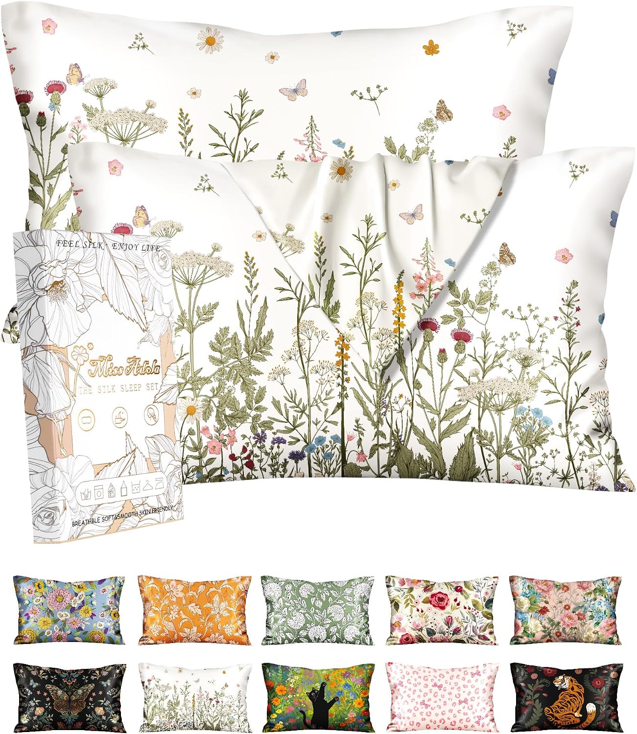 2 Pack Silk Pillowcases – Queen Size 20×30 Inch Luxury Silky Bed Pillow Covers for Hair and Skin, Cooling Soft Aesthetic Pillowcases with Hidden Zipper, Wildflower Meadow