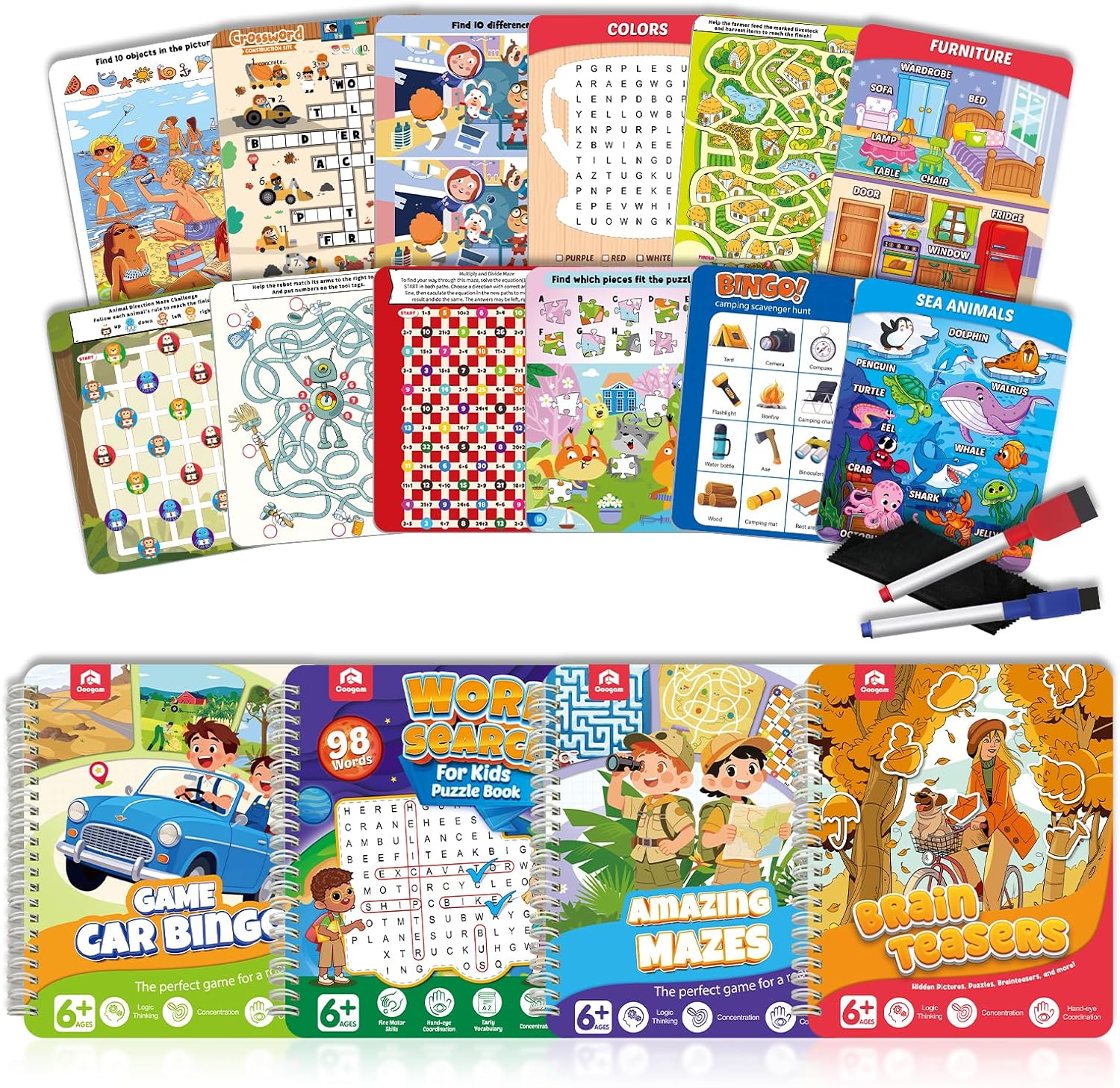 Coogam 4Pcs Activity Travel Maze Book Game for Kids Age 6+ | Road Trip Airplane Puzzle, Screen-Free Educational Toy Gift with Brain Teasers, Mazes, Word Games for children IQ Chanllenge