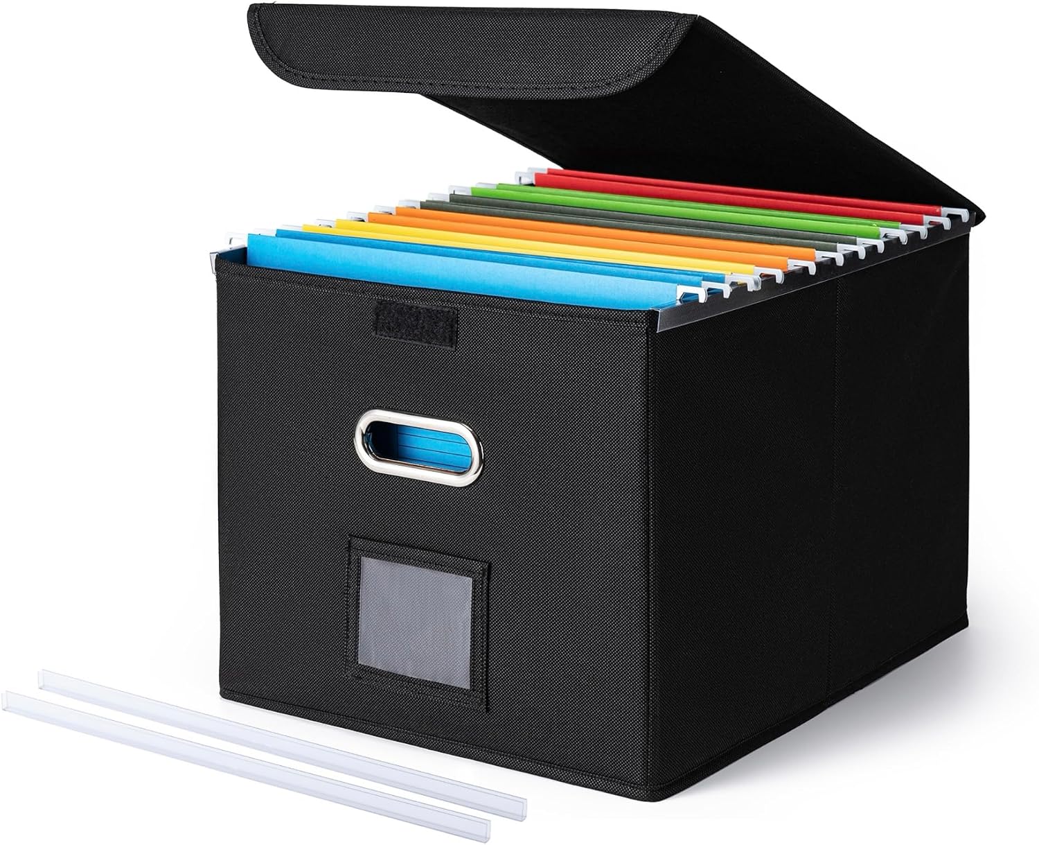 CADONO File Organizer Box with Lid, Large Hanging File Folder Organizer with Plastic Slide, Collapsible Portable Filing Storage Boxes for Office/Decor/Home (Black, 14.9 x 12.59 x 10.8 inch)