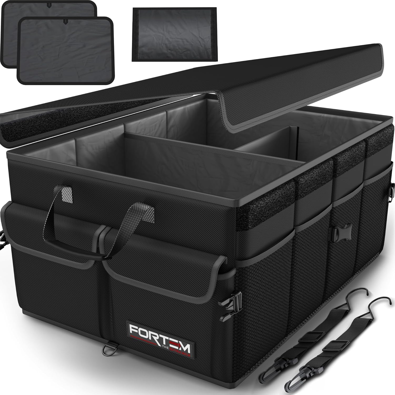 FORTEM Trunk Organizer – Foldable Car Organizer & Storage for SUVs & Trucks | Car Accessories for Men Women, Collapsible Bag, Non Slip Bottom, Straps, Soft Cover, 600D Oxford, Black, 3 Compartments, 65L