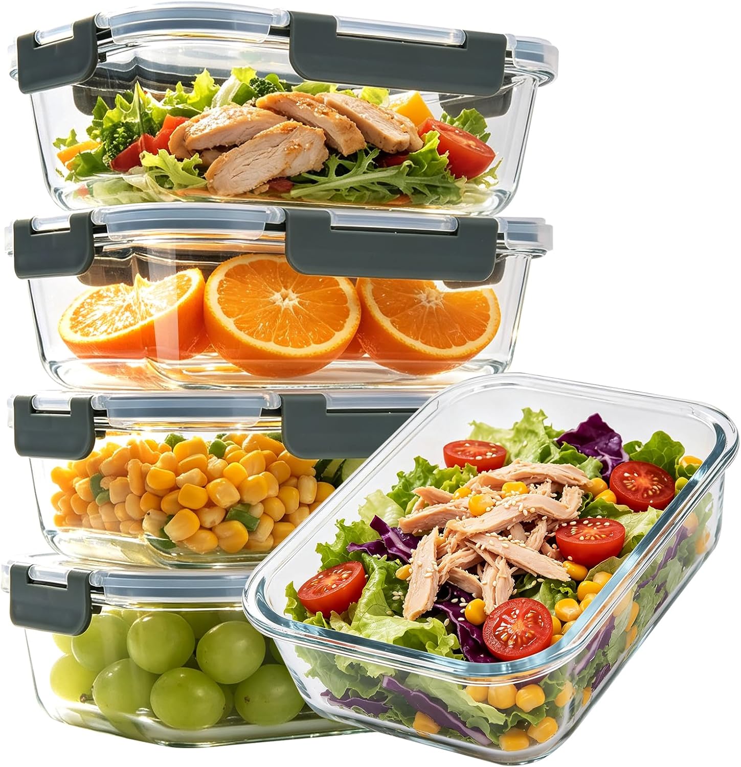 5 Pack 36oz Glass Storage Containers with Lids, Grey | Glass Meal Prep Food Container Sets, Snap Airtight Lid, For Microwave, Oven, Freezer and Dishwasher, BPA Free