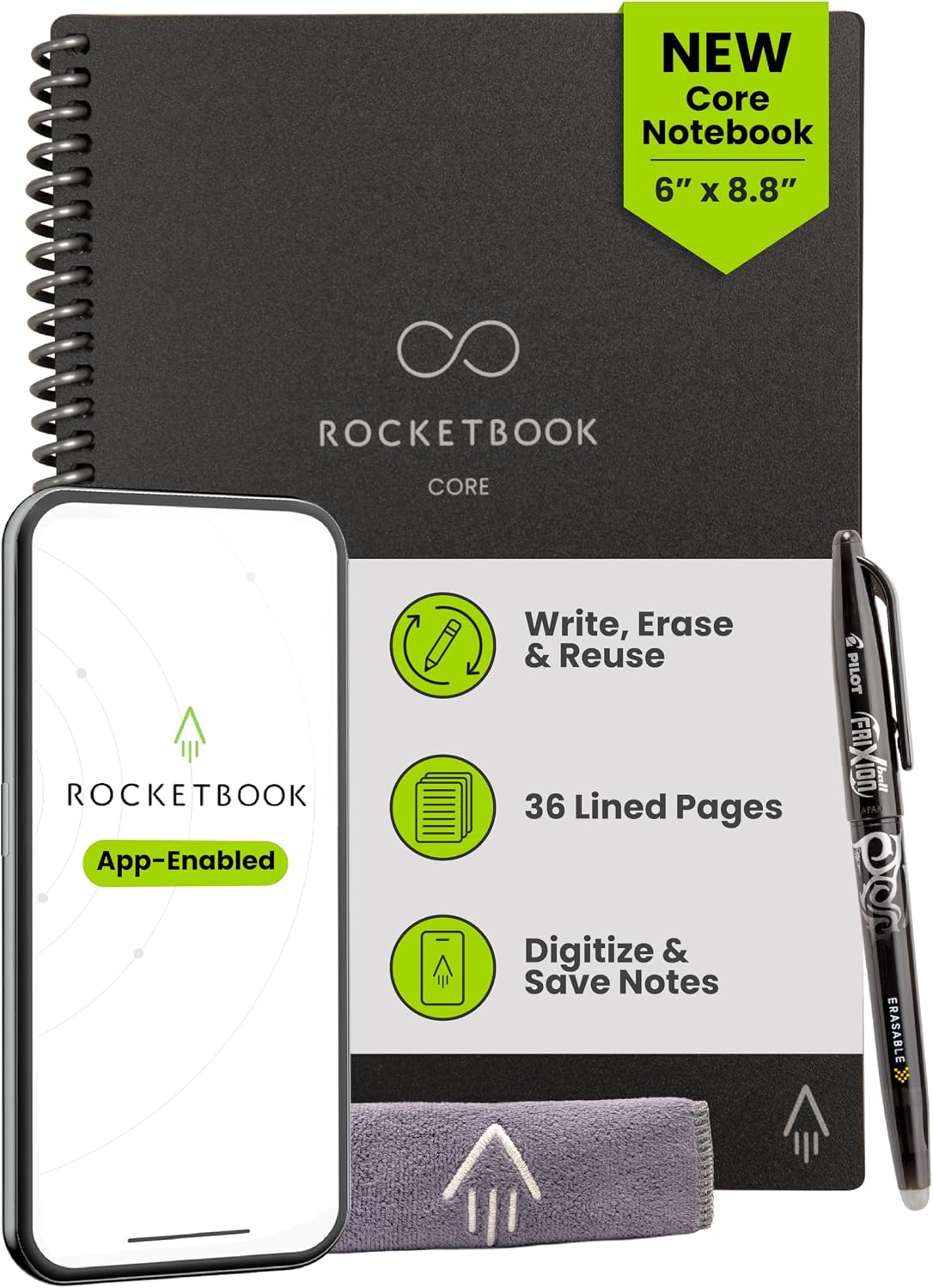 Rocketbook Core Reusable Smart Notebook, Executive Size 6×8.8, Black | Lined Pages For School Work and Creative Projects, Includes Pen and Towel