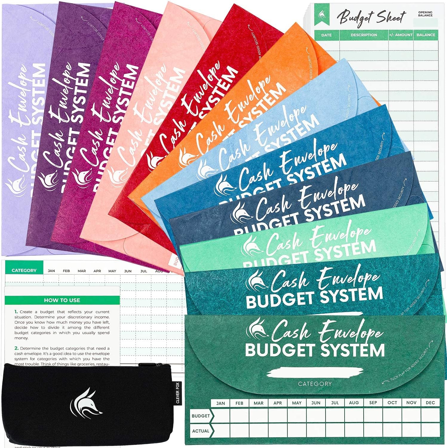 Clever Fox Cash Envelopes for Budgeting Money, 12 Pack System Assorted | Tear- and water-resistant, come with pouch & 12 budget sheets, cash stuffing, money saving challenge, bill planner organizer