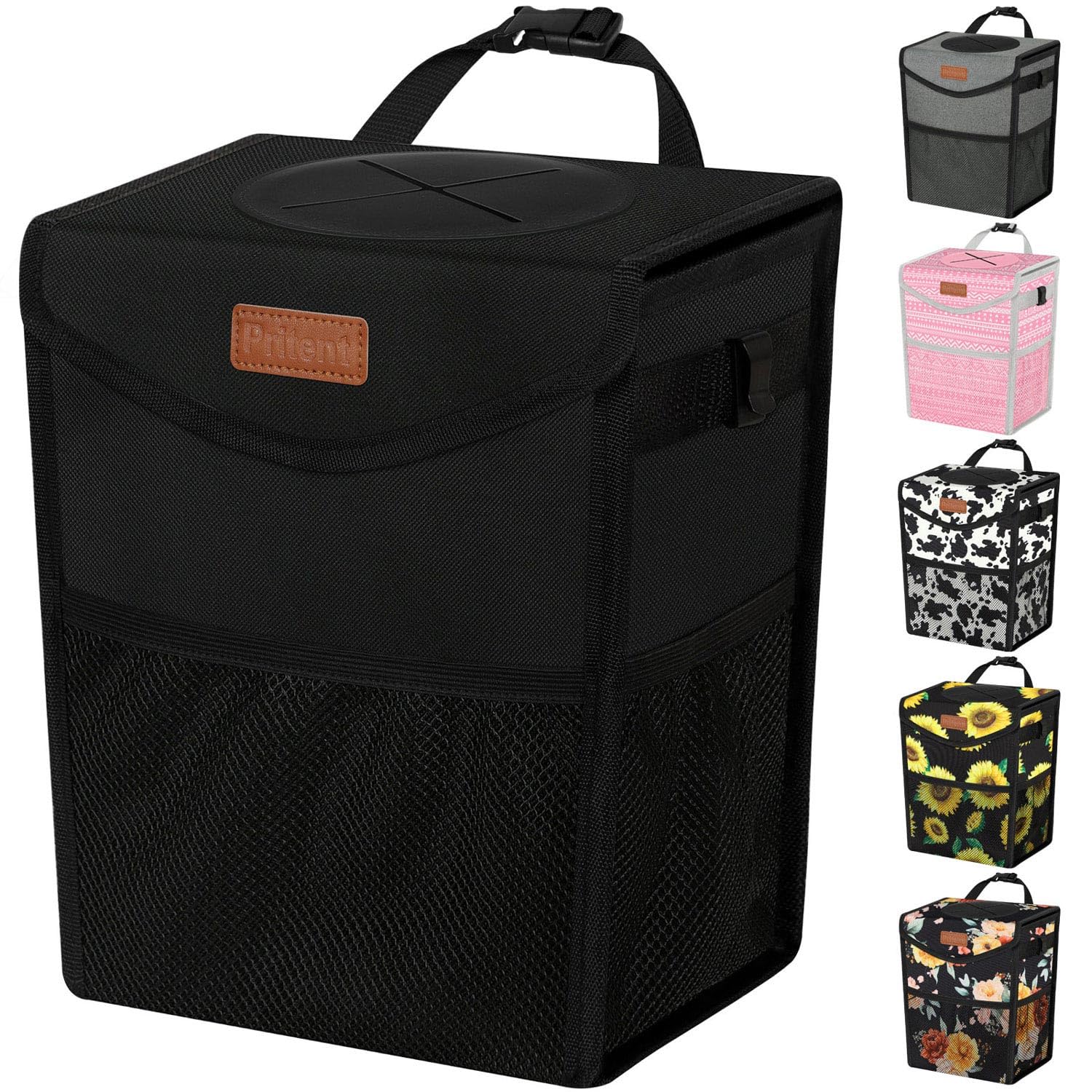 Pritent Car Trash Can with Lid Leakproof Car Garbage Bag Vehicle Trash Bin | Hanging Automotive Garbage Can,Multipurpose Car Accessories for Women Men Interior Car Storage Organizer(2 Gal,Black)