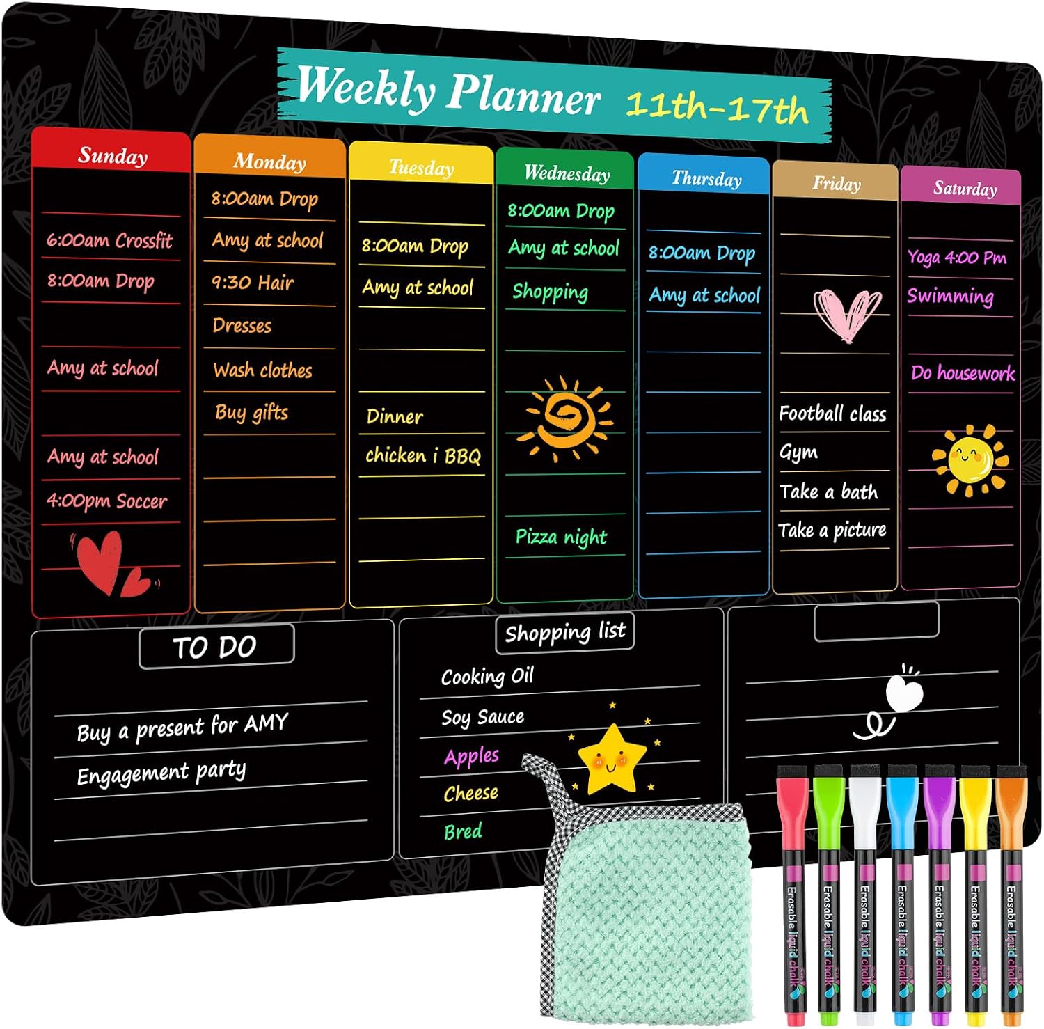 MaxGear Black Weekly Dry Erase Board for Fridge,16″x12″ Magnetic Blackboard | Strong Magnetic Backing, Easy to Write and Clean, Dry Erase Surface and Stain Resistant with 7 Markers,1 Eraser