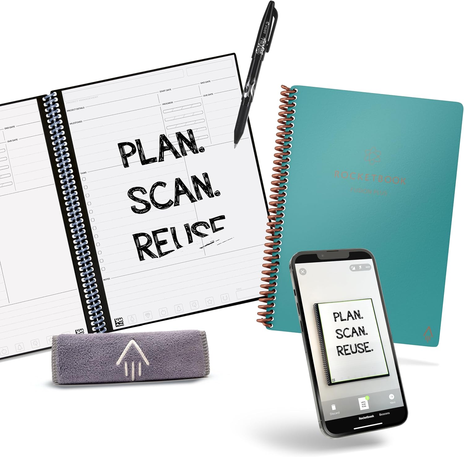 Rocketbook Fusion Plus Reusable Notebook Planner, Letter 8.5×11, Teal | Smart Notetaking and Planning In One, Includes Pen and Towel