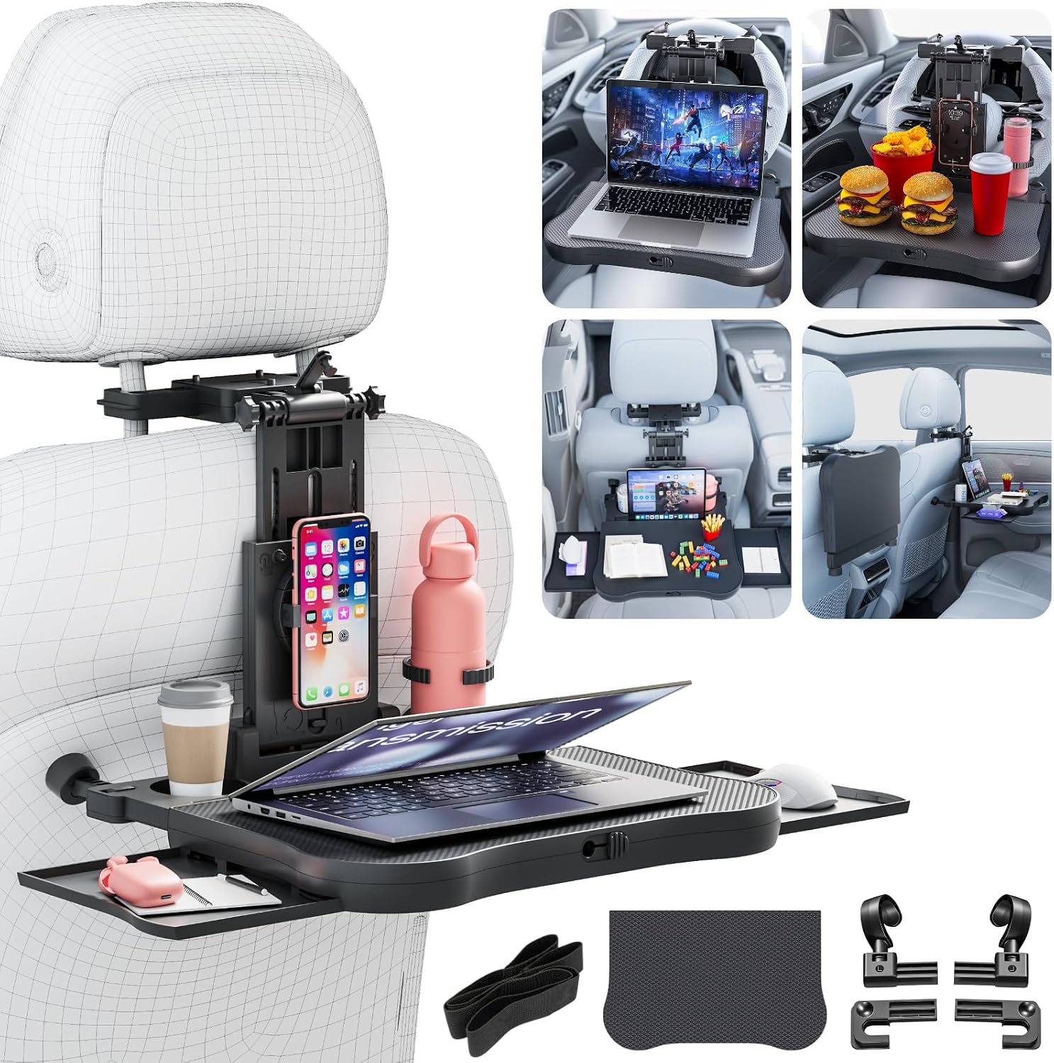 Car Back Seat Tray Table for Older Kids & Passengers, Road Trip Travel Tray | Sturdy ABS Holds Laptop/Meals, 360° Rotatable Phone Holder & Dual Cup Slots, Adjustable Height for Older Kids & Adults