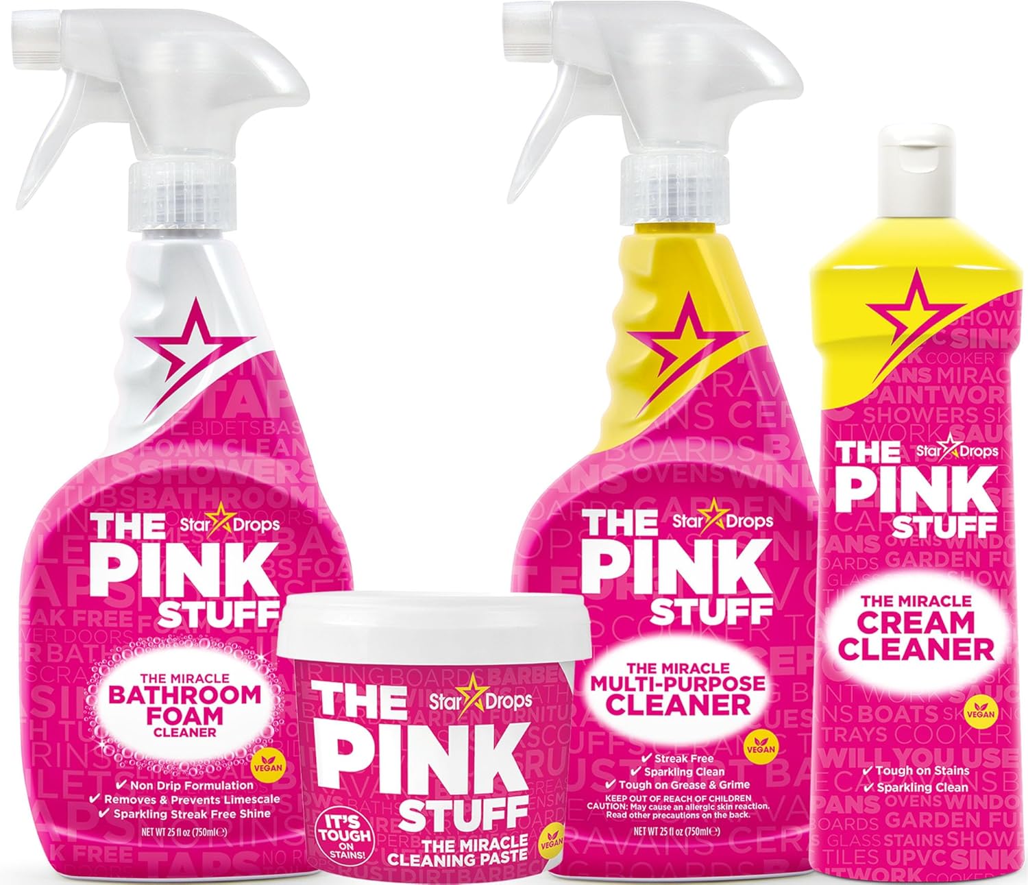 Stardrops – The Pink Stuff – Miracle Cleaning Ultimate Bundle – Paste, Multi-Purpose Spray, Bathroom Foam Spray, and Cream Cleaner – Ideal for Kitchens, Bathrooms, Outdoors, and More