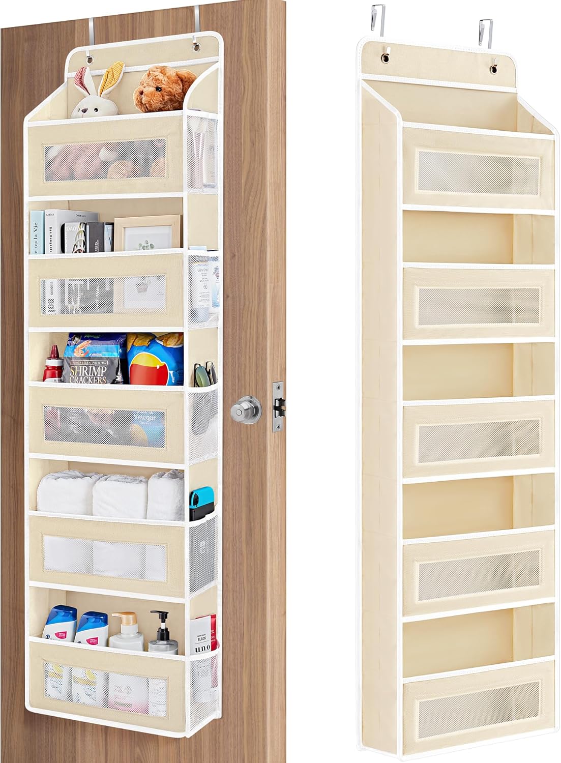 JARLINK Over the Door Organizer for Bedroom, Pantry Bathroom, 5 Shelf Beige | Anti-Tilt Design, 44 lb Load Capacity, Hanging Door Organizer with 5 Large Capacity Pockets, Behind Door Storage for Nursery
