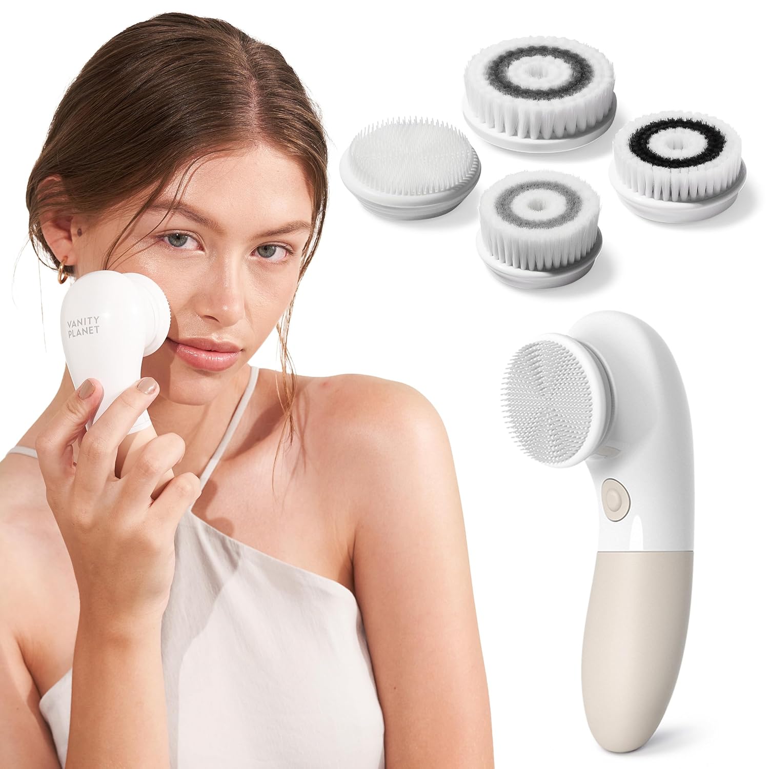 Vanity Planet Raedia Facial Cleansing Brush – Electric Facial Cleansing Brush with 4 Exfoliating Brush Heads – Waterproof, Handheld, Lightweight for Face Scrubber and Exfoliating Face – Warm Grey | Facial Cleansing Brush with 4 Exfoliating Brush Heads – Waterproof, Handheld, Lightweight for Face Scrubber and Exfoliating
