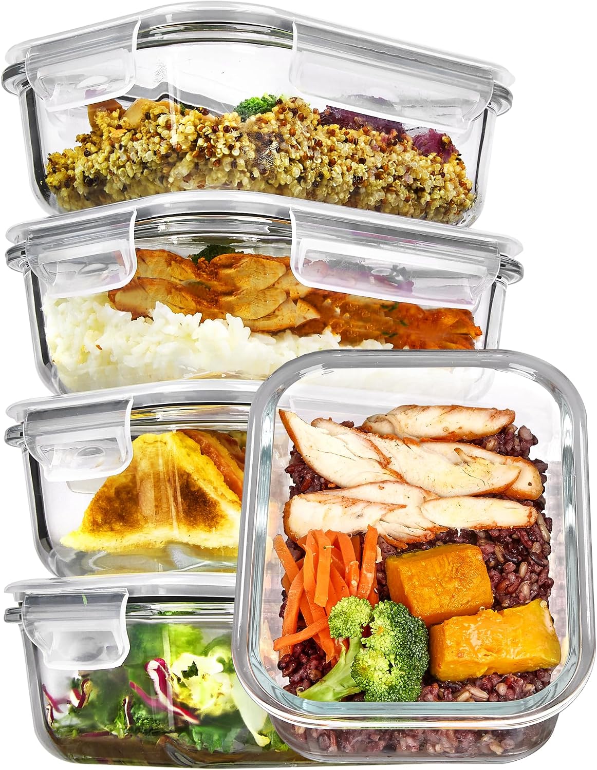 Vtopmart 5Pack 22oz Glass Storage Containers with Lids, Grey | Glass Meal Prep Food Container Sets, Snap Airtight Lid, For Microwave, Oven, Freezer and Dishwasher, BPA Free
