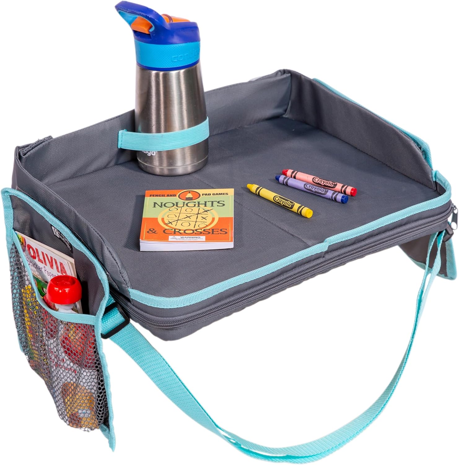 J.L. Childress 3-IN-1 Kids Travel Tray & Tablet Holder – Car Seat Lap Tray Desk for Toddlers, Road Trip Essentials, Car Seat Activity Table, Travel Accessories – Grey/Teal