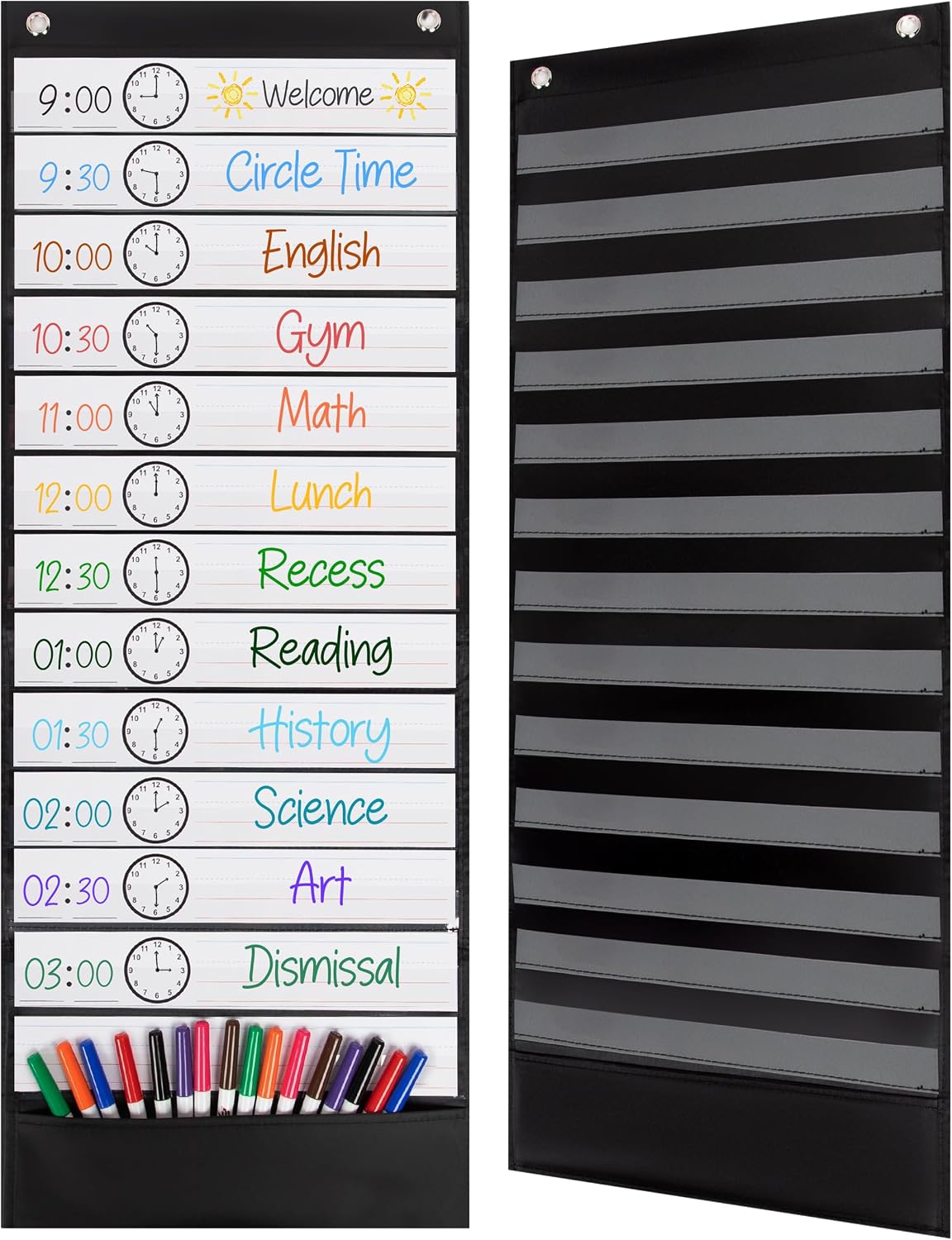 Essex Wares – Daily Schedule Pocket Chart, Black, 13 Pockets | Ultra-Durable Visual Schedule for Classrooms or Home, Easy to Use, Reusable, Sentence Strips
