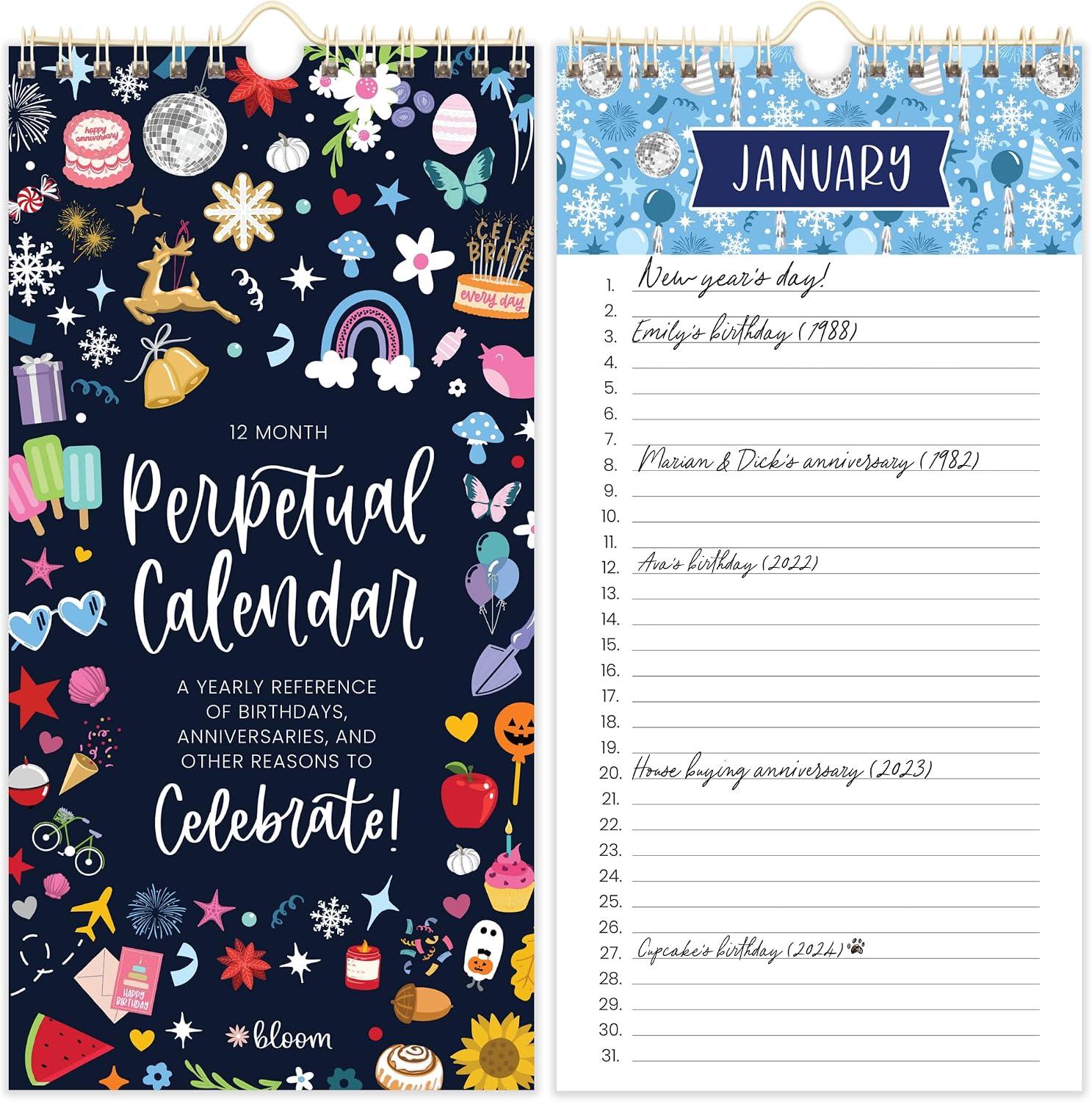 bloom daily planners Perpetual Hanging Flip Calendar – 5” x 10” – Monthly Wall Organizer Notepad for Important Dates, Birthdays, Anniversaries – Holiday Icons