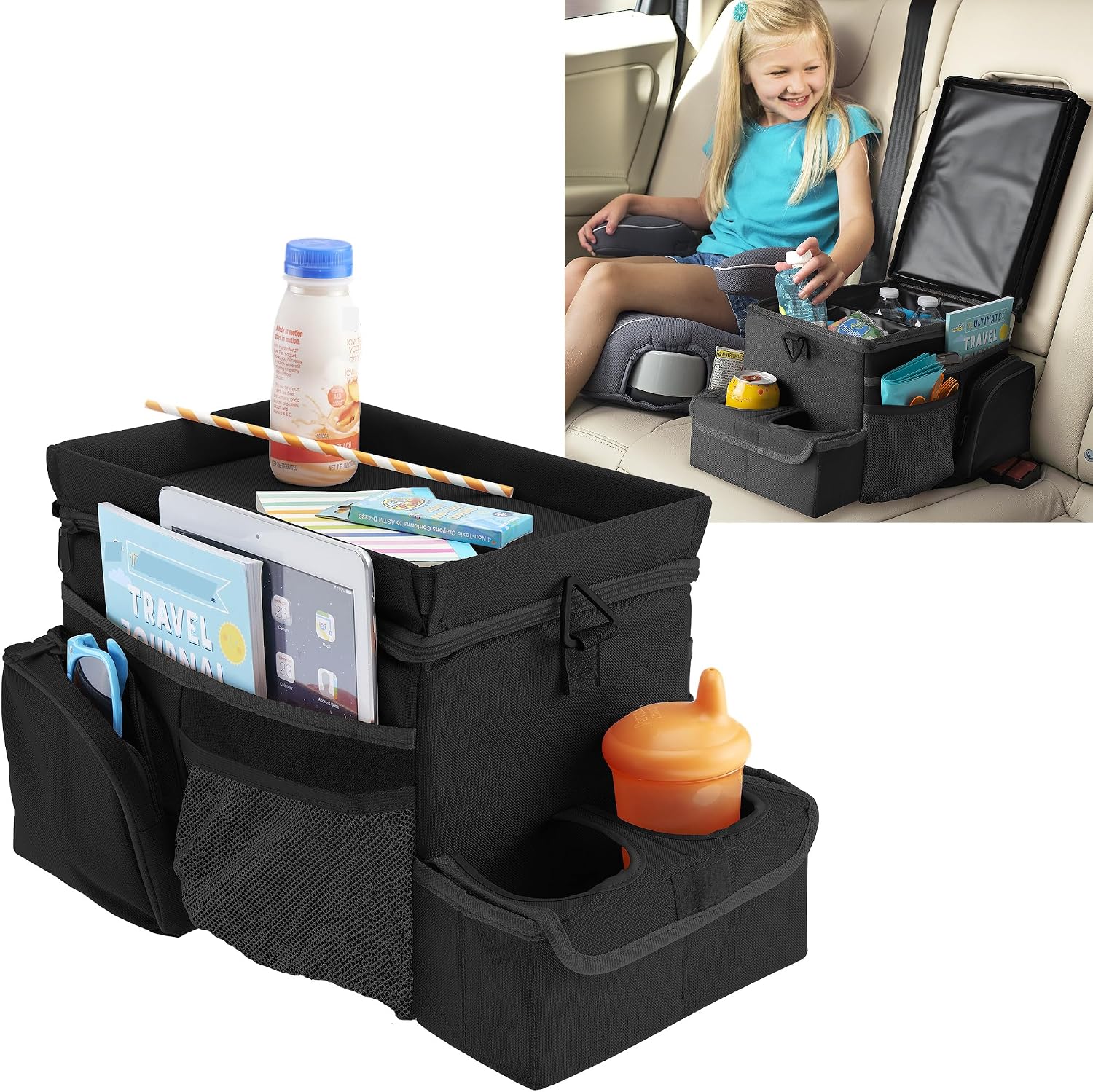 CarHop Car Organizer, Car Snack Organizer with Cup Holder, Tray and Cooler | High Road Middle Seat, Passenger Seat and Back Seat Car Organizer – Compact Road Trip Cooler for Car with Tray