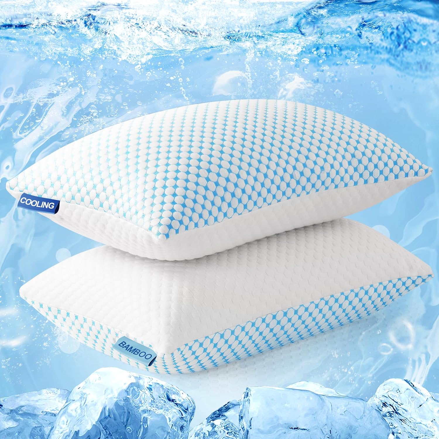 EASELAND Cooling Queen Size Firm Pillows, Shredded Memory Foam Set of 2 | Adjustable Fill with Removable Cover for Hot Sleepers, Cool Bed Support Pillow for Side Back Stomach Sleepers