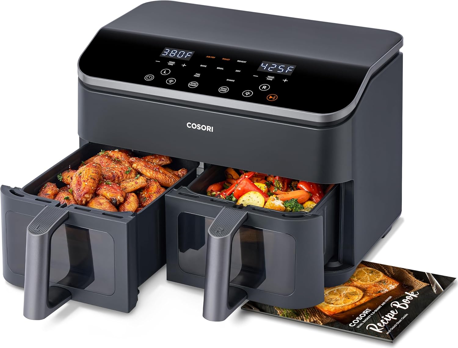 Cosori Dual Air Fryer, 9QT, 10-in-1,Sync Cook & Finish, Max 450°F | Dual 4.5QT Baskets,Independent Cooking, Touch Control, 95°-450°F, 85% less oil, 130+ Nutritional Recipes, Dishwasher-Safe