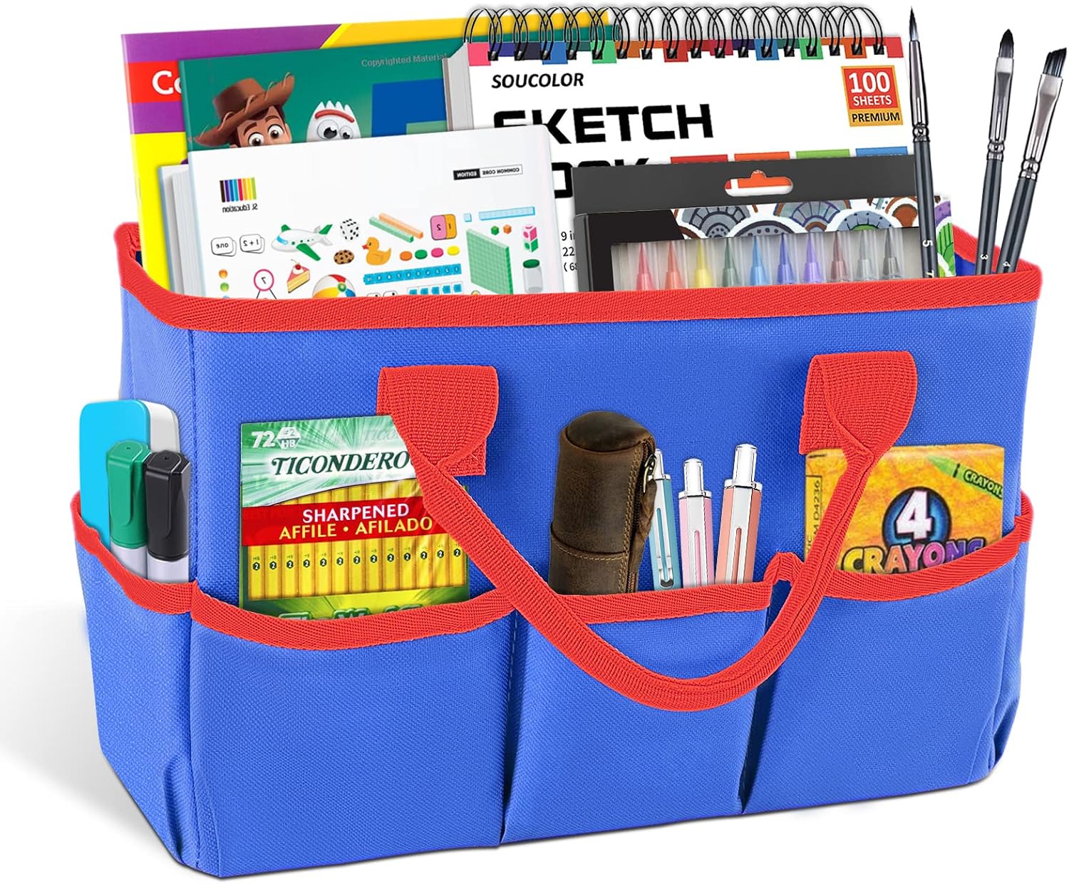 Desktop Tote and Organizer, Teacher Helper Bag for Arts, Books, Stationery, Office Desk, Make-up Storage with Handles for Travel (Blue)