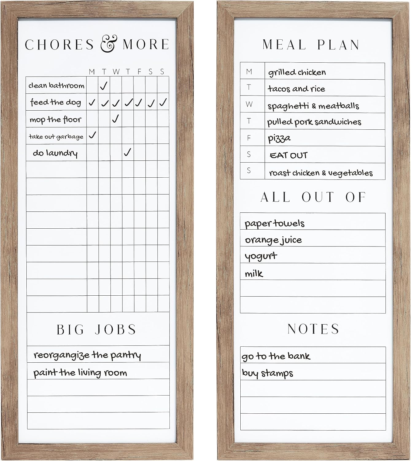 Sheffield Home Set of Two Family Planner Dry Erase Boards Featuring, Chore Chart, Shopping List, Weekly Meal Planner and Notes, 9×21 Inch, Natural
