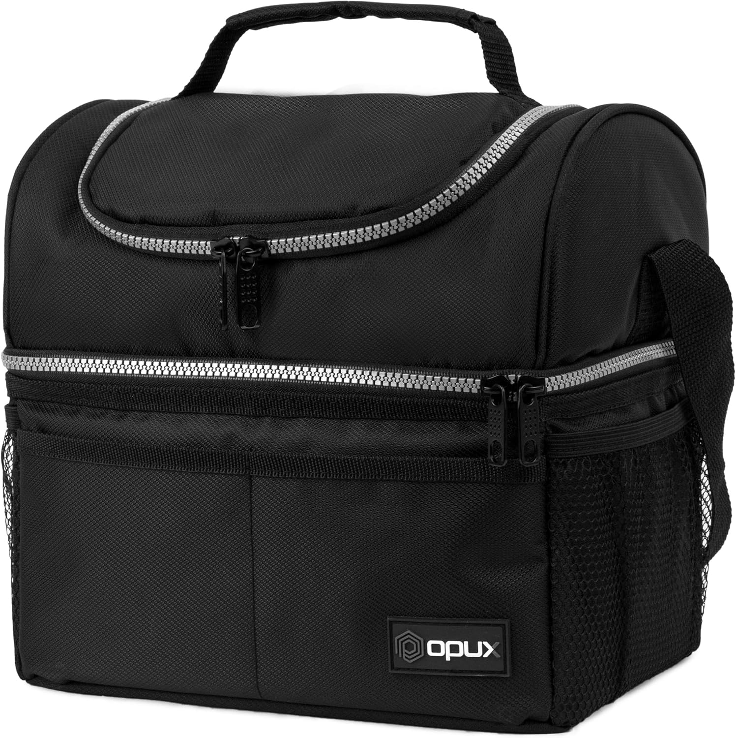 opux Insulated Lunch Bag for Men Women, Double Decker Leakproof, Black | Lunch Box Cooler Tote With Shoulder Strap, Large Lunchbox For Work School Travel Meal Prep, Adults Kids Boys Girls, 16 Cans