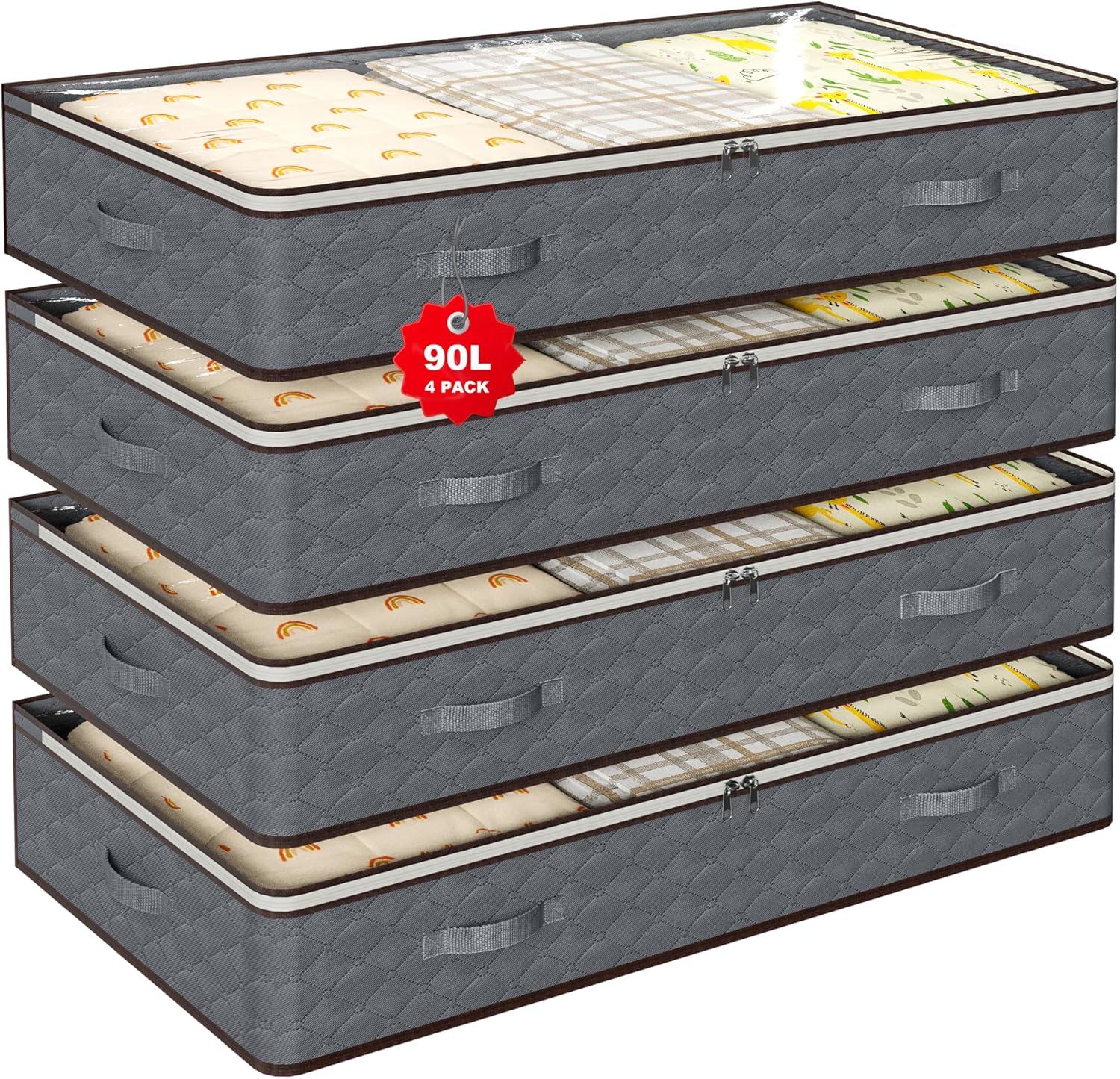 90L Under Bed Storage Containers,4-Pack Closet Organizer Storage Bins ,Grey | for Organization and Storage Clothes, Shoes, Blankets & Pillows,Visible Transparent Top Storage Bins with Lids