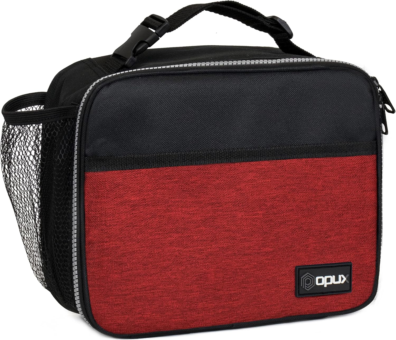 opux Insulated Lunch Bag for Kids, Reusable Lunch Box for School, Red | Compact Soft Cooler Tote for Boys & Girls, Front Pocket, Mesh Side Bottle Holder, Leakproof BPA-Free Lining, Daycare Work