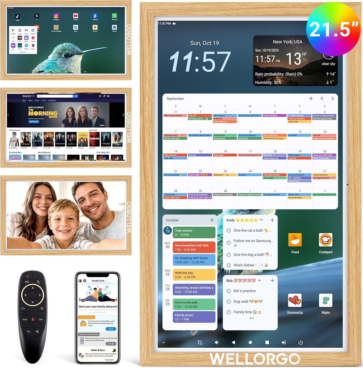 Smart Digital Calendar, 21.5” Wall Planner Touch Screen with Kids’ Chores Chart/Meal Plan/Streaming Services/Photo Display, Electronic Calendar with Google Play & Calendar Sync, Remote Control Supported