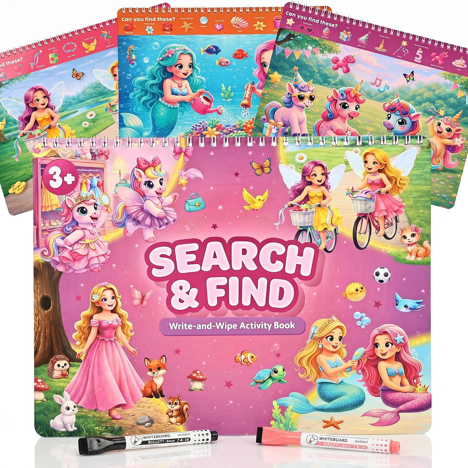 Fun Search and Find Books for Kids 3-5 – Cute Road Trip Game w Magical Scenes for Girls 4-8 w Princess, Unicorn & Mermaid – Essential Travel Activity w Markers for Hours of Fun on Car Rides & Planes