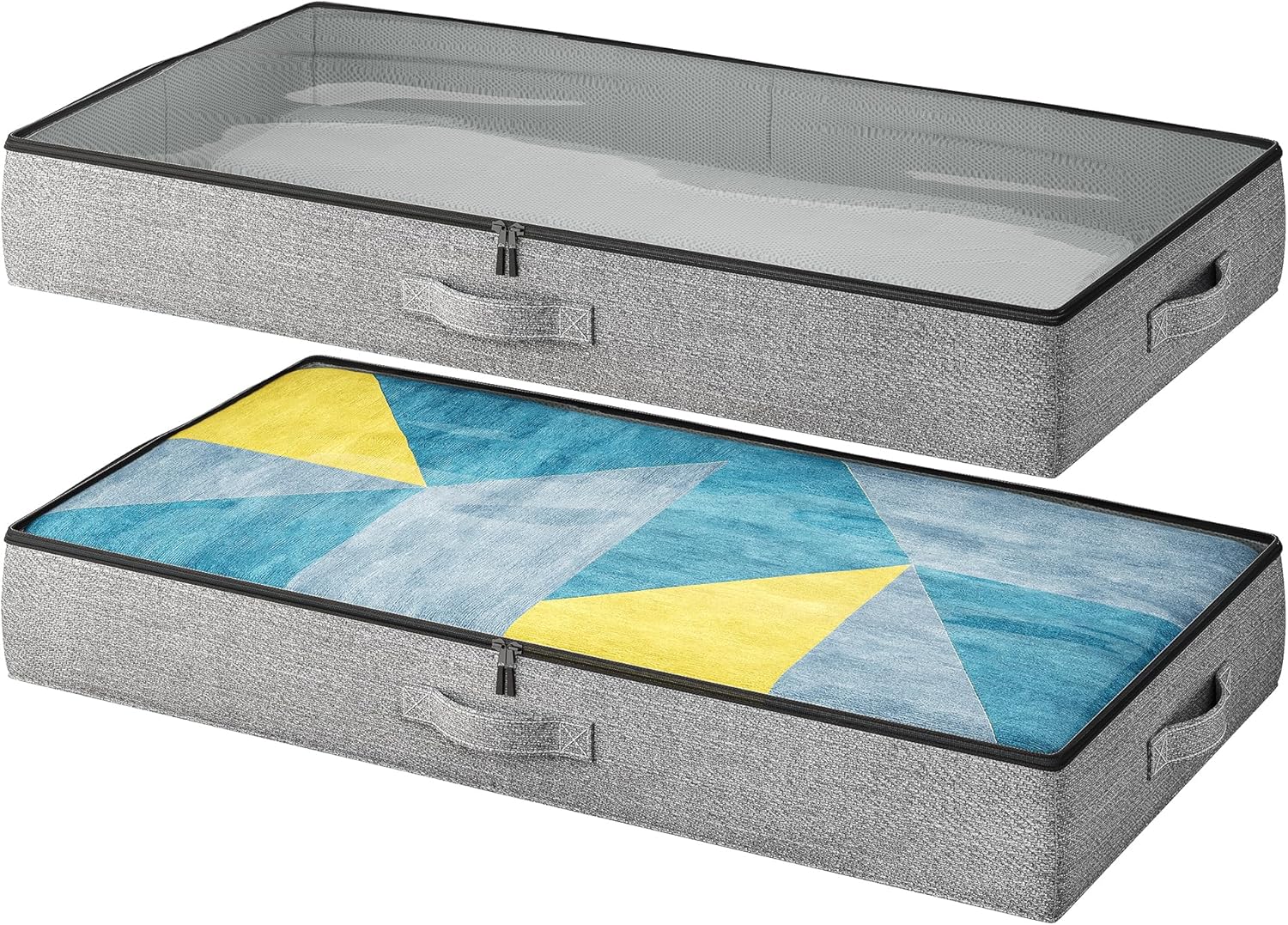 2-Pack Under Bed Storage Containers, 4.5 Inches Tall Clothes Storage, Grey | Low Profile Collapsible Underbed Organizer Bin with Sturdy Sidewalls/Bottom, Cotton-linen, For Seasonal Clothes & Bedding