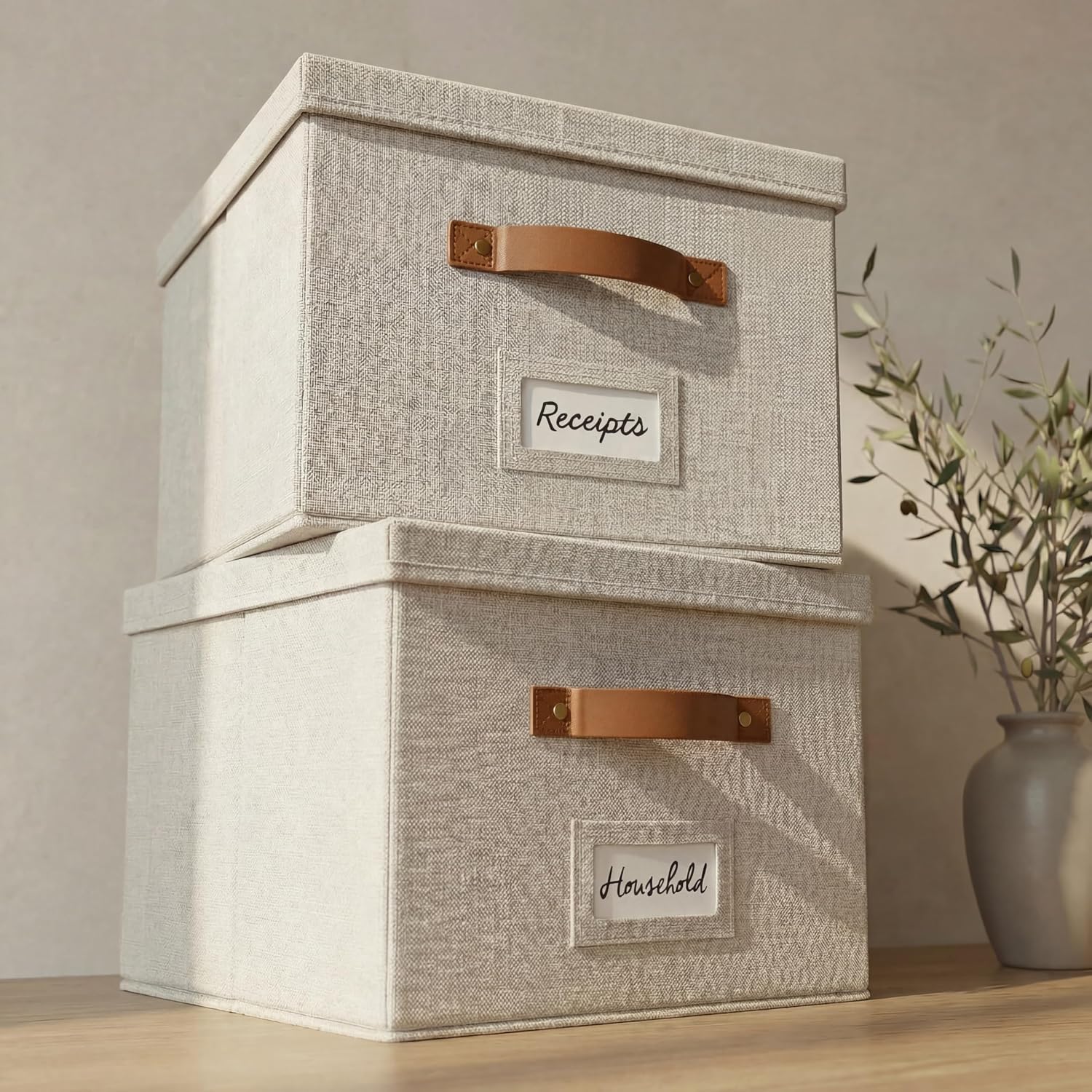 Decorative File Organizer Box Set of 2 – Collapsible Linen Filing Cabinets | Stores Documents and Hanging File Folders – Portable Office Crates with Lid and Handles for Easy Slide Access