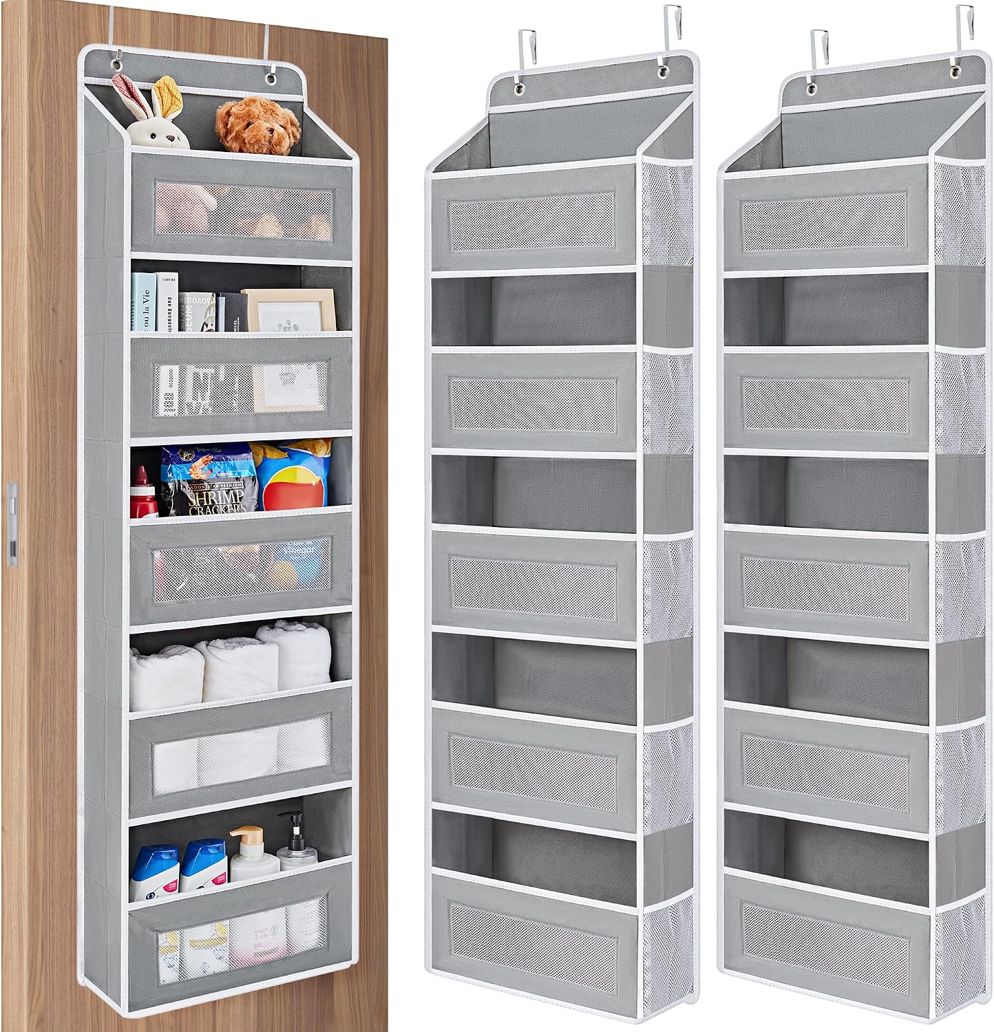 JARLINK Over the Door Organizer for Pantry, Bathroom, 5 Shelf Grey, 2 Pack | Anti-Tilt Design, 44 lb Load Capacity, Hanging Door Organizer with 5 Large Capacity Pockets, Behind Door Storage for Nursery