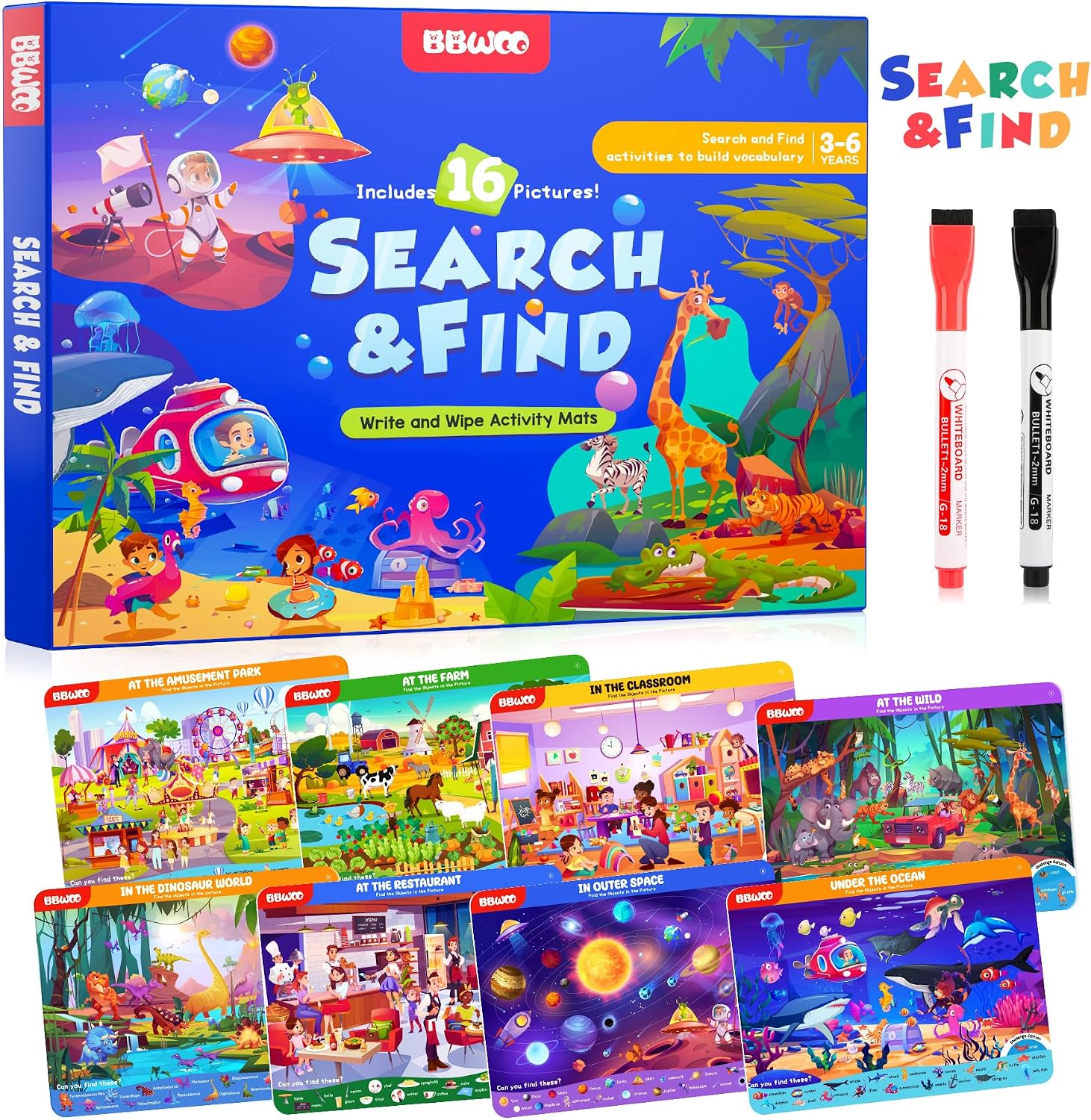 BBWOO Search and Find Activity Book, Reusable Travel Game Toys for Kids 3-8 | Car Airplane Road Trip Activities for Kids Games, Preschool Learning Activities, Educational Seek Game,Gifts for Boys Girls
