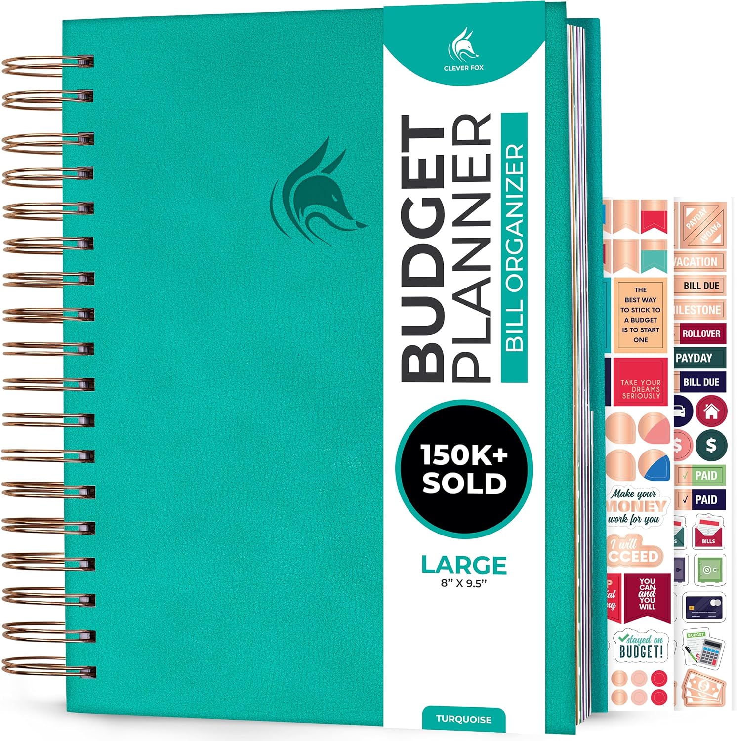 Clever Fox Budget Planner & Monthly Bill Organizer, Large Turquoise | 8” x 9.5” financial expense tracker book with pockets & spiral, income, budgeting & household expense paying journal
