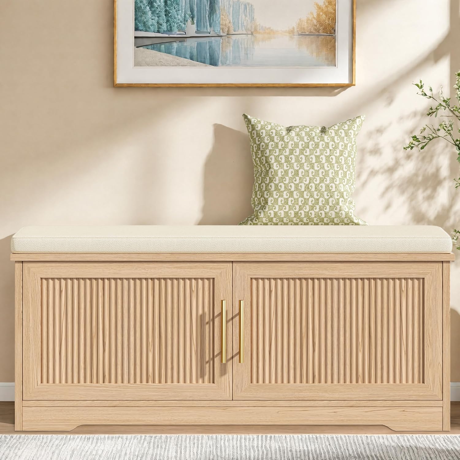 Keehusux 39.4″ Fluted Shoe Storage Bench with Seat Cushion, Natural Oak | Wooden 2-Tier Storage Bench with Adjustable Shelves, Entryway Bench with Storage & 2 Doors for Bedroom, Hallway, Living Room