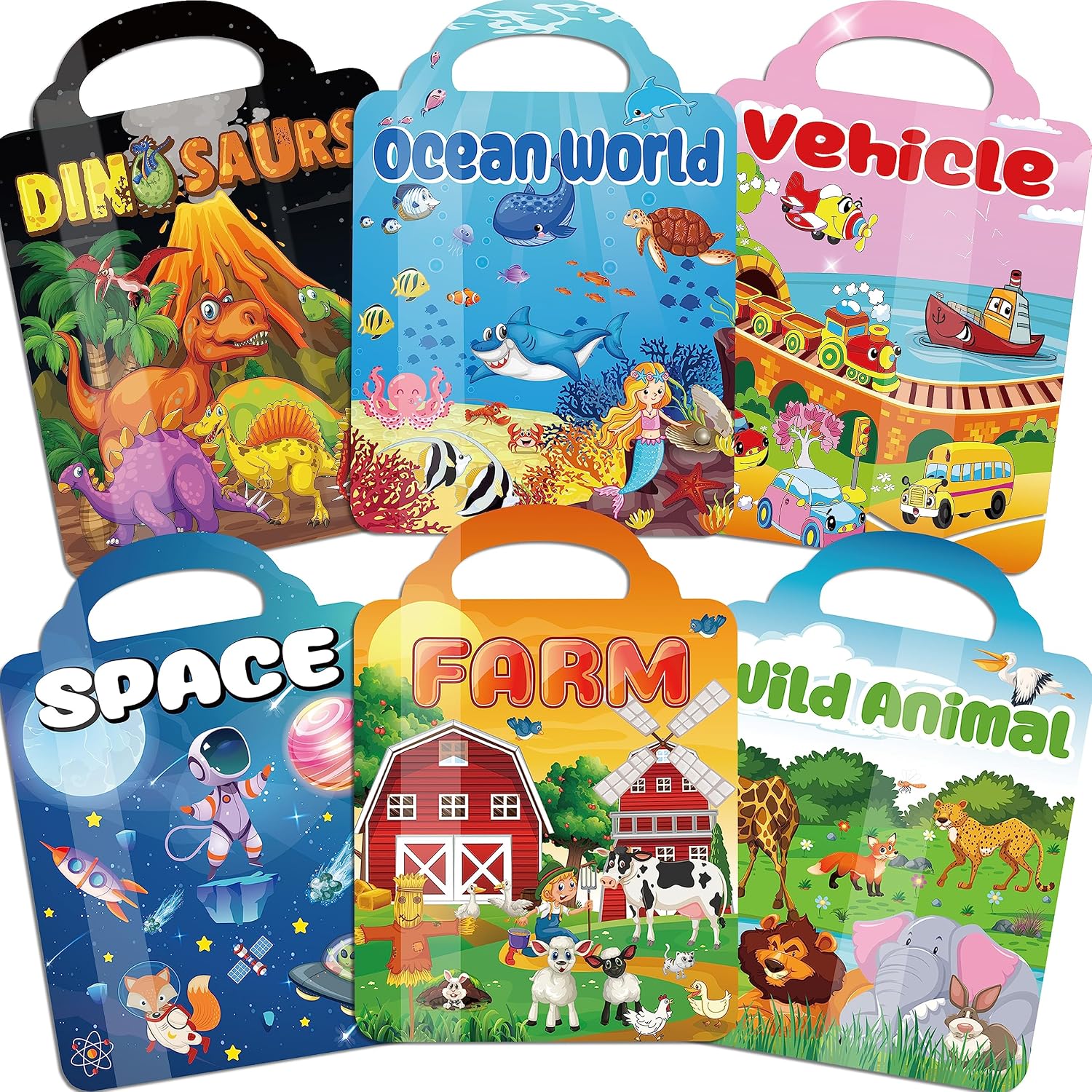 Kalysky 6Set Puffy Sticker Books for Kids 2-4, 3D Reusable Stickers Books for Toddlers 1-3 2-4,Farm+Animal+Dinosaurs+Ocean World+Space+Vehicle