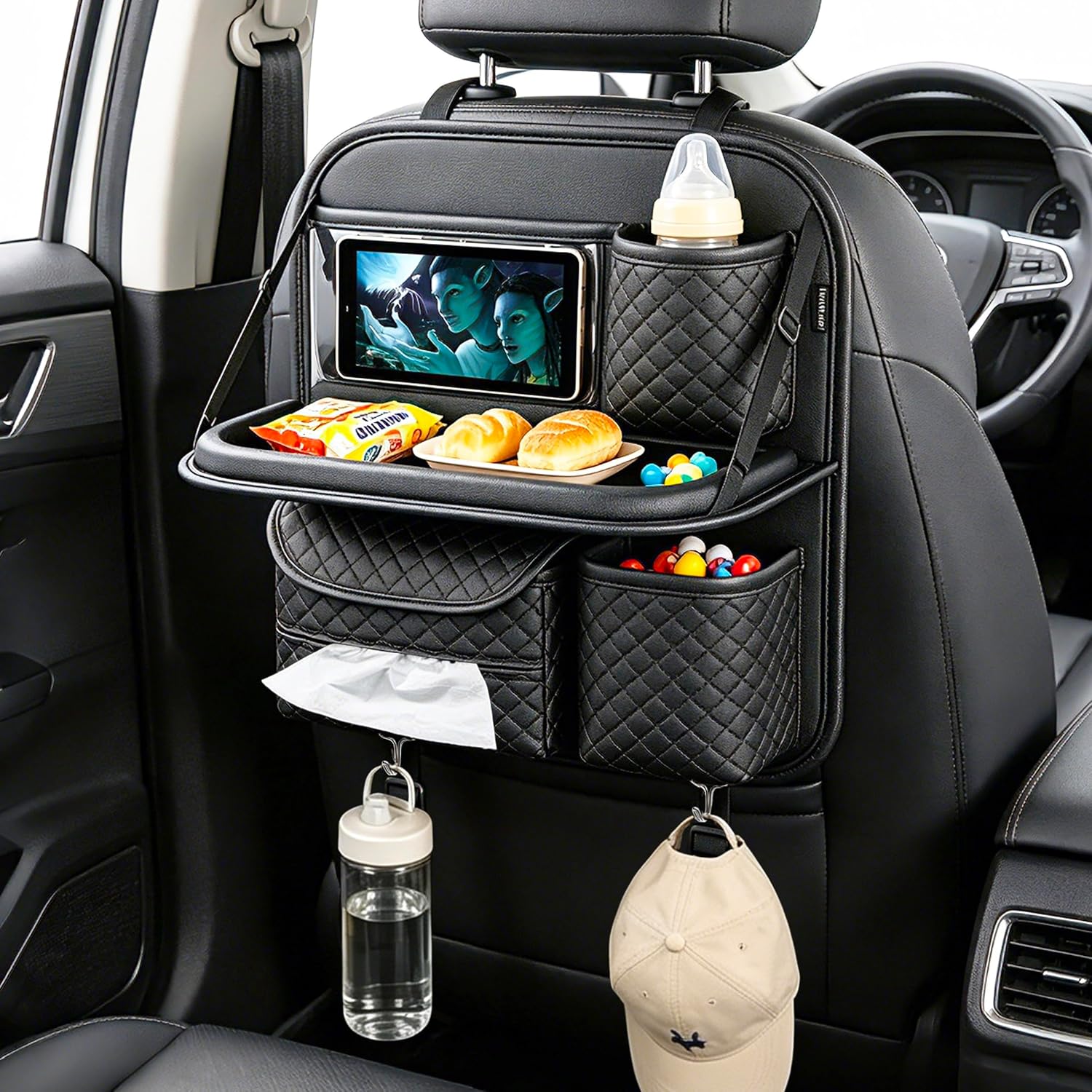 PU Leather Backseat Car Organizer with Foldable Tray & Tablet Holder Black | Luxury diamond stitching,anti-rattle design,universal vehicle compatibility,family road trip essential storage