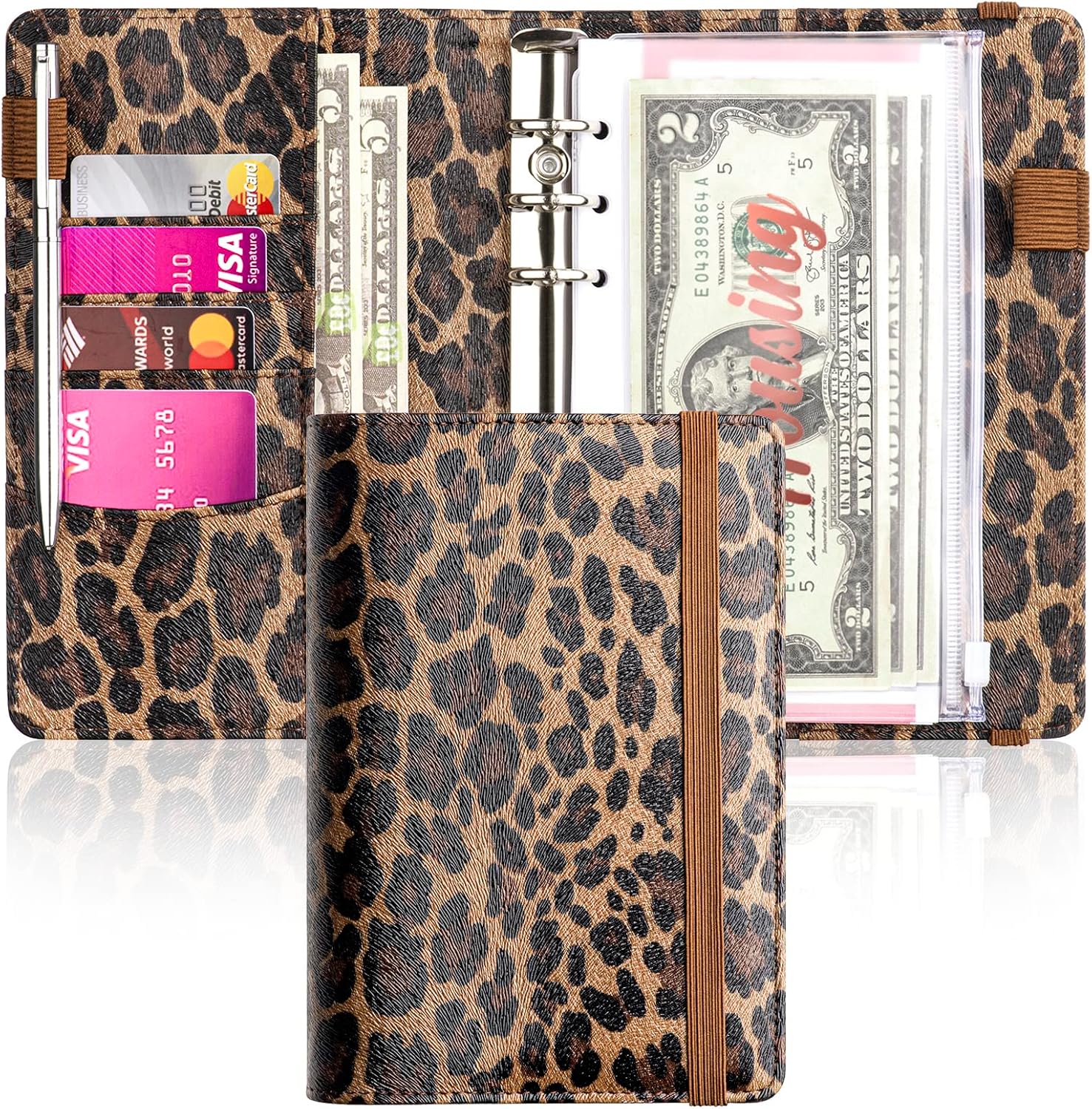 A6 Budget Binder for Money Saving, PU Leather Budget Planner with 8 Cash Envelopes, Budget Sheets & Rose Gold Category Stickers, Money Organizer for Cash (Brown Leopard)