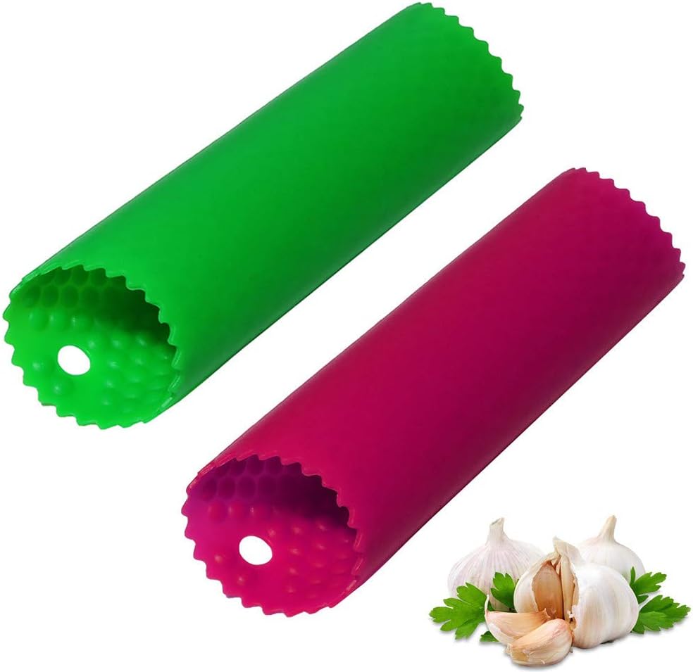 Sinnsally Garlic Peeler Skin Remover Roller Keeper,Easy Quick to Peeled Garlic Cloves with Silicone Tube Roller Garlic Peeling Kitchen Tool (Green,Red)