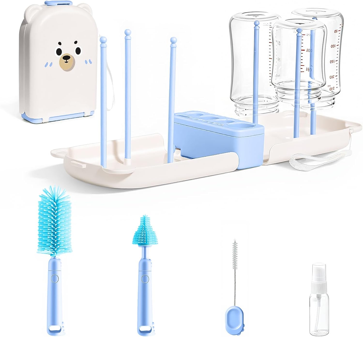 LEQXGO Travel Baby Bottle Cleaner Kit with Storage Case, 7-in-1 Baby Bottle Brush Set with Drying Rack for Breast Pump Parts, Bottle Washing Kit – Baby Travel Essential for Flying & On-the-Go (Blue)