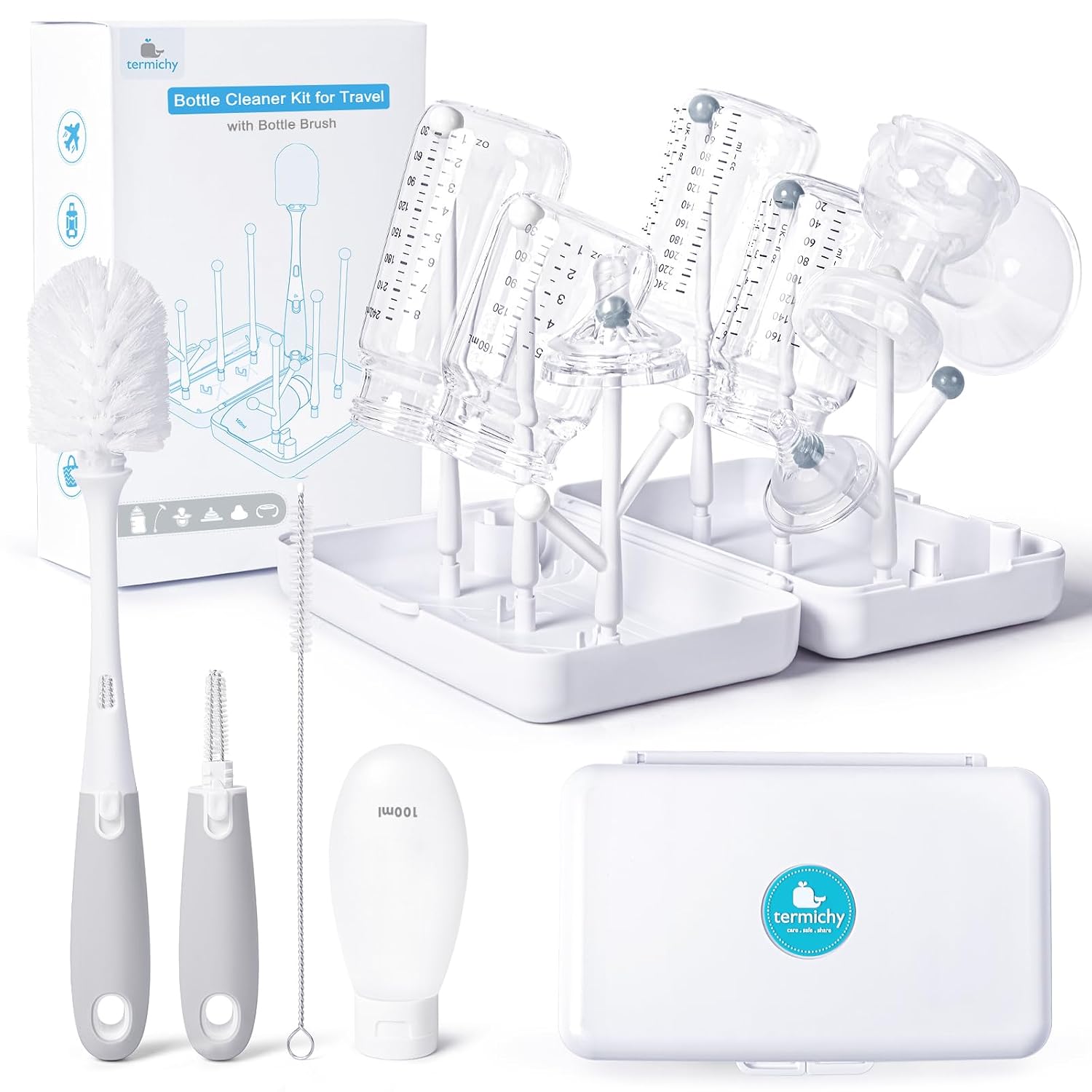 Termichy Travel Bottle Cleaning Kit: Portable Baby Drying Rack & Brush Set