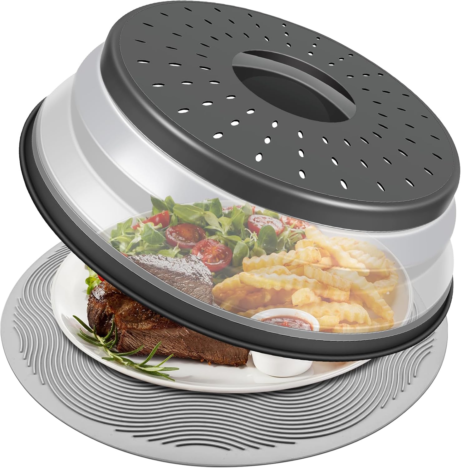LekDrok 10 Inch Microwave Food Cover & Collapsible Silicone Mat – Splatter Guard, Plate Holder & Kitchen Colander for Meal Prep, Charcoal